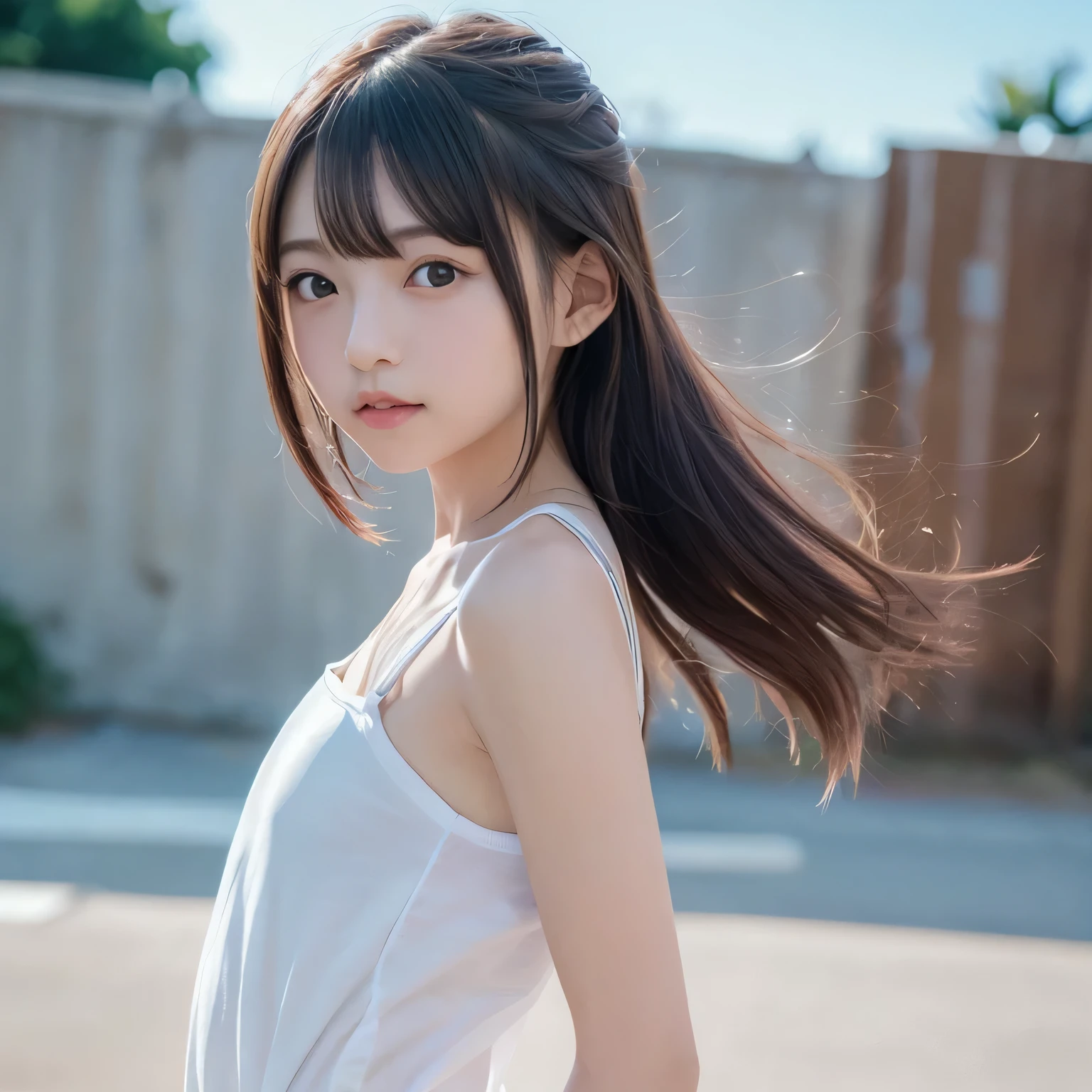 ((Live 2D)) Masterpiece, one girl outside running , 、 full body , (((Standing straight))) , , cute japanese high school uniform, viewers, detailed face , girl with green 、(((Straight hair down to the shoulders))), (((Short Hime Cut))), , gradient hair, MULTI-COLOR HAIR , small smile , Turquoise Hair Tips, wavy hair, Gradient Eyes , orange eyes , ( simple background, white background : 1.3)、((( upper body photo))),((( small smile )))、((( face swells))),(((Round face))),((( skinny))),(((flat chest))),((( face close-up )))