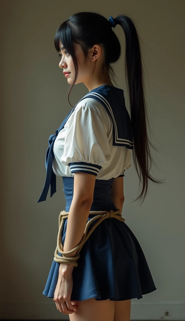 sailor uniform, bound, (Highly detailed CG Unity 8k), (Highest quality)，(Very detailed)，(Ultra-high resolution), 1 female, uniform, ((Sailor suit)), ((Rope Bondage)), Tying a woman&#39;s breasts with rope, Pull your hands back with a rope, Rope attached legs, Thighs tied with rope, Legs tied with rope, ((Tie your wrists behind your back)), Ankle binding, gag, Navy Blue Skirt, Black Hair, Bobcut, BDSM, Bust Shot, ((White headband)),