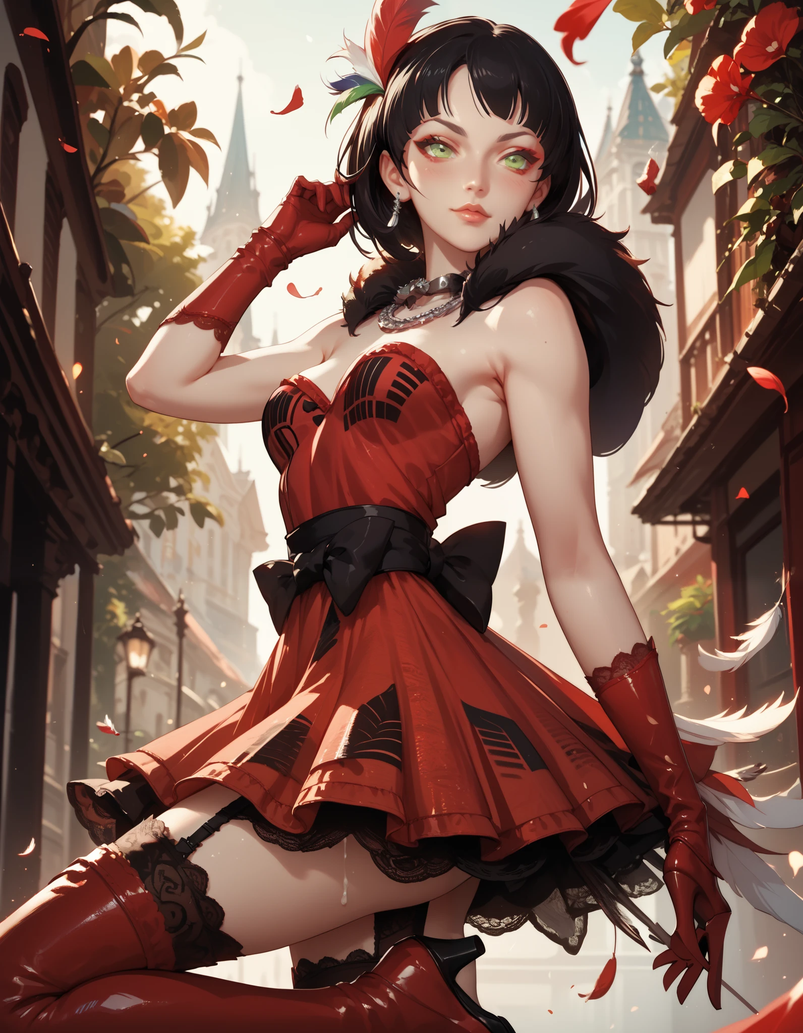 Milrwby, short hair, black hair, green eyes, feather hair ornament, necklace, long red gloves, red dress, red thigh boots, garter straps, high heels, black bow, black boa, futa, erection, cum