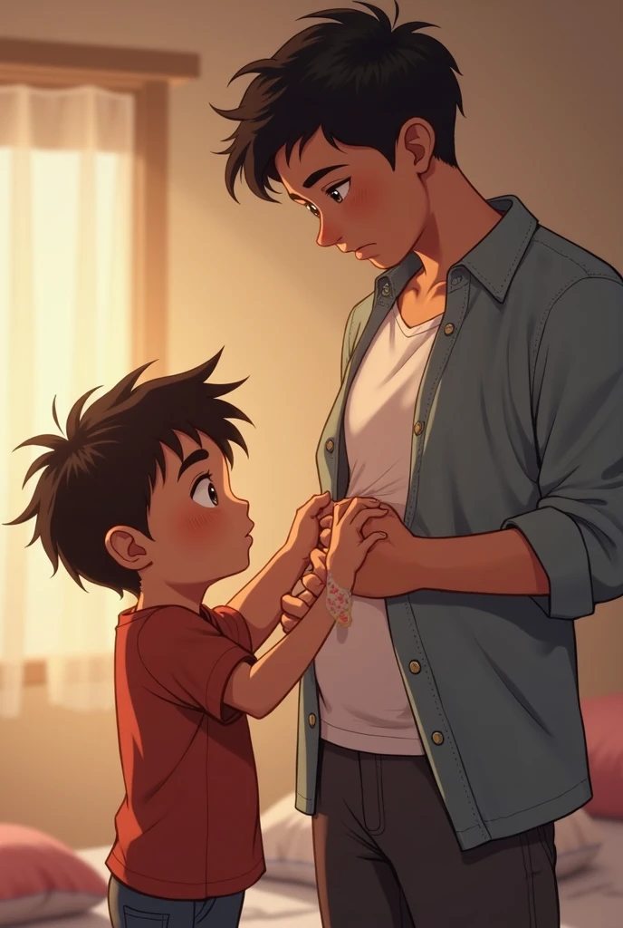 a boy wanting to ask something to his father anime drawing style