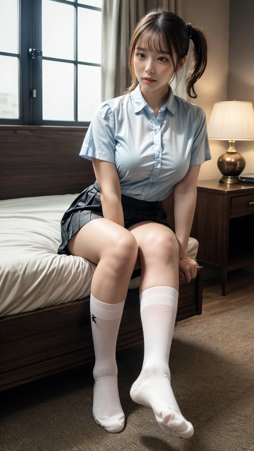 (8K, highest quality, masterpiece:1.2), (actual, realistic:1.37), Super detailed, 
1 girl,Lovely, alone,beautiful and detailed sky,Cafe details,sitting,obsolete,(smile:1.15),(please keep your mouth shut) small breasts,beautiful and delicate eyes,(collared shirt:1.1), white shirt, pleated skirt，black领，black，white lace, beautiful feet，button suddenly opens
(Short hair details:1.2),flowing hair ,new frog style,,white skin,light,Bedroom，bedridden