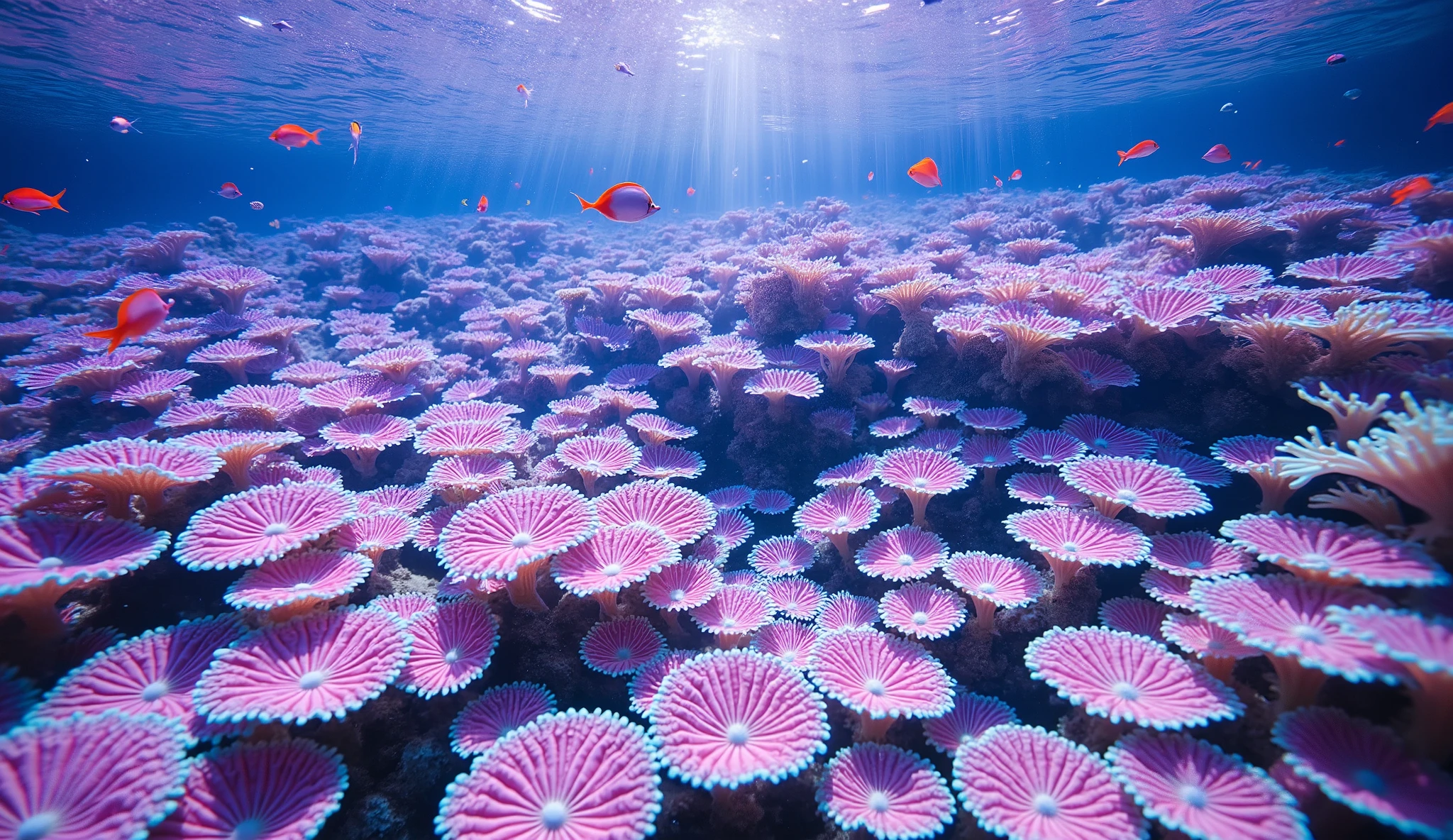 (In the water), Undersea heaven ,((very many fluorescent green giant table corals)),(( detailed colorful purple and blue and green coral reefs in the center)),Realistic Expression , shot with a fisheye lens  ,(( Multiple Fluorescent Green Corals )), (( are filled with 10,000 natural coral groups with lots of extremely colorful colors)), (( lots of green and blue soft corals that emit fluorescent colors )), crystal clear water, , strong sunshine ,Vast coral reefs ,Detailed seaweed ,( lots of colorful tropical fish),( myriad cobalt sparrows ), large blue tropical fish , spiny butterflyfish ,Hanadai-hsien, golden butterflies .Scallops , myriad cobalt sparrows , seahorses, lots of psychedelic starfish on the seabed , life,  lively colors, Serene atmosphere, Quiet, Swaying seaweed ,  array of vibrant colors ) , ( best quality , high resolution:1.2), (In the water photography), ( lively), (  soft diffused lighting  ), Orchestra of Highly Coloured Corals, Vast Seas ,Coral Reef,