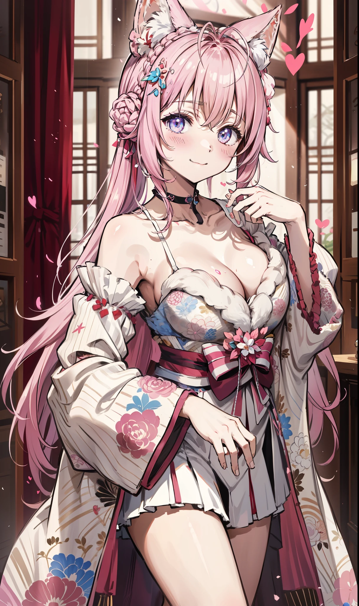 , Decorate with ribbons and hearts , Light pink headband , Red clip. sheof头发颜色是浅色of..、 It's getting too long ., ponytail, Decorate with a pink ribbon and a ruby heart . she got gold heart earrings. she、White ruffle trim、 she is wearing a pale pink ruffle dress .、中间有一条粉色of线 。。. A white bow and a ruby heart on the chest , she腰间系着蝴蝶结 、Watch out,of 、把你of钱包挂起来. sheof鞋子是淡粉色of...、鞋底是粉红色of、 以及与sheof袖子相匹配of白色荷叶边打 .。, Decorate with a pink ribbon and a ruby heart .,[background: room,Conclusion:1.1,((( Smile))), camera