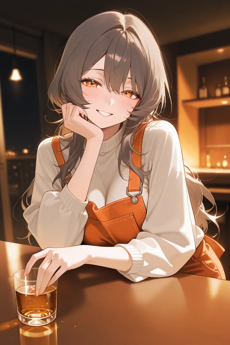 masterpiece, best quality, very aesthetic, absurdres, newest, 1girl, asymmetrical bangs, tareme, blush, drunk, young ,straight hair, shoulder length, brown hair, green eyes, looking forward, laughing, casual clothes, sitting at a bar counter, multiple beer steins on the table, dimly lit bar, wooden furniture, lively atmosphere, focus on face and upper body