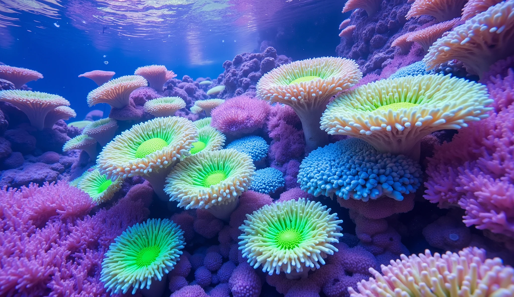 (In the water), Undersea heaven ,((very many fluorescent green giant table corals)),(( detailed colorful purple and blue and green coral reefs in the center)),Realistic Expression , shot with a fisheye lens  ,(( Multiple Fluorescent Green Corals )), (( are filled with 10,000 natural coral groups with lots of extremely colorful colors)), (( lots of green and blue soft corals that emit fluorescent colors )), crystal clear water, , strong sunshine ,Vast coral reefs ,Detailed seaweed ,( lots of colorful tropical fish),( myriad cobalt sparrows ), large blue tropical fish , spiny butterflyfish ,Hanadai-hsien, golden butterflies .Scallops , myriad cobalt sparrows , seahorses, lots of psychedelic starfish on the seabed , life,  lively colors, Serene atmosphere, Quiet, Swaying seaweed ,  array of vibrant colors ) , ( best quality , high resolution:1.2), (In the water photography), ( lively), (  soft diffused lighting  ), Orchestra of Highly Coloured Corals, Vast Seas ,Coral Reef,