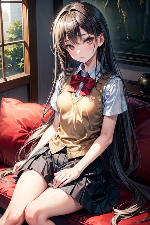 ((masterpiece,Highest quality:1.3,best quality illustration)),(realistic:1.3),cowboy shot,独奏,1woman,(18-year-old、Japanese Beauty)、brown hair,long hair,bangs,brown eyes,gorgeous eyes,(very small head:1.3),tears,Heavy breathing,(very long body:1.2,skinny),medium breasts,((Red ribbon tie、White collared shirt、Long sleeve、Navy blue pleated mini skirt)),barefoot、Wet crotch、sweat,gleaming skin,toned body,slender body,lying,A messy bed、bedroom in the abandoned house、at night、World of Blade Runner、