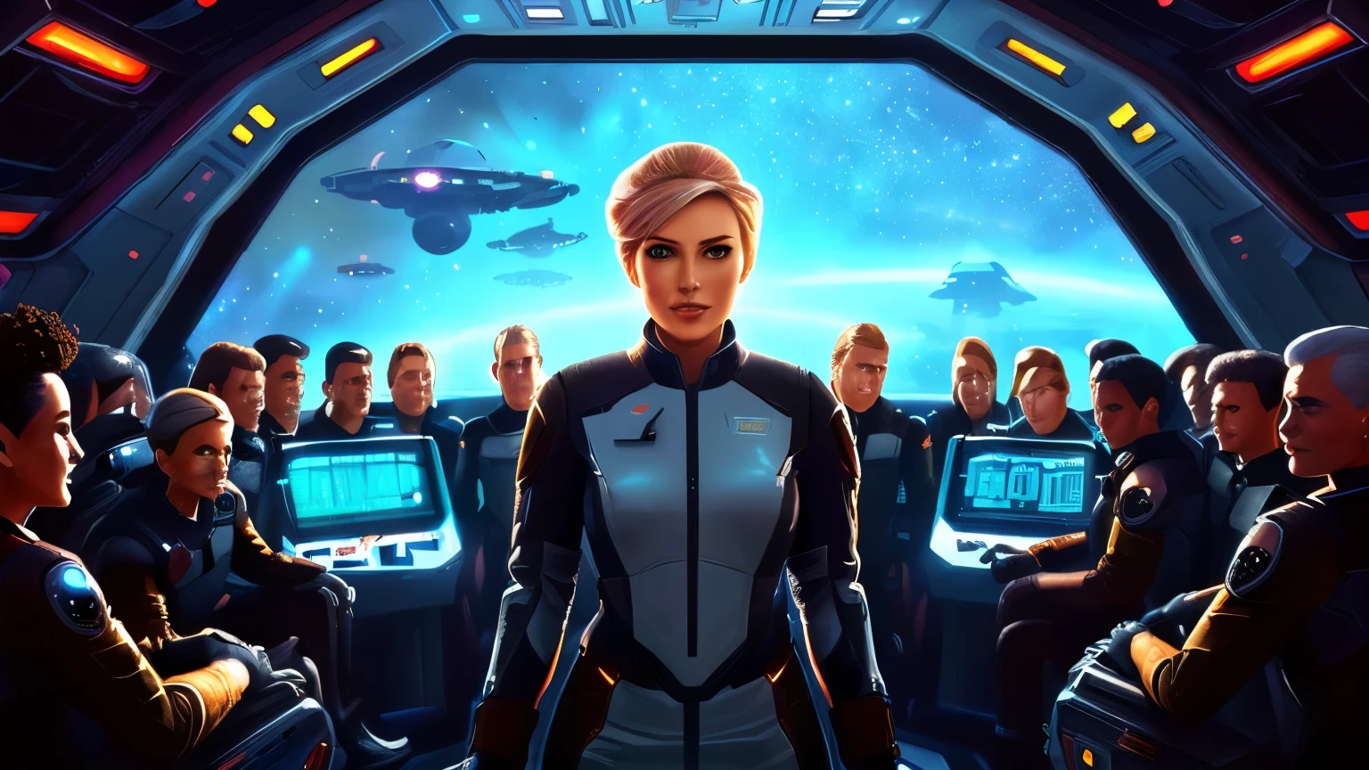 arafed image of a woman standing in front of a group of people, futuristic starship crew member, in a spaceship cockpit, standing in a starbase bar, sci-fi space game art, android jones and rhads, sci - fi pilot, promotional art, depicted as a scifi scene, pulp scifi illustration, hyper rea;istic image