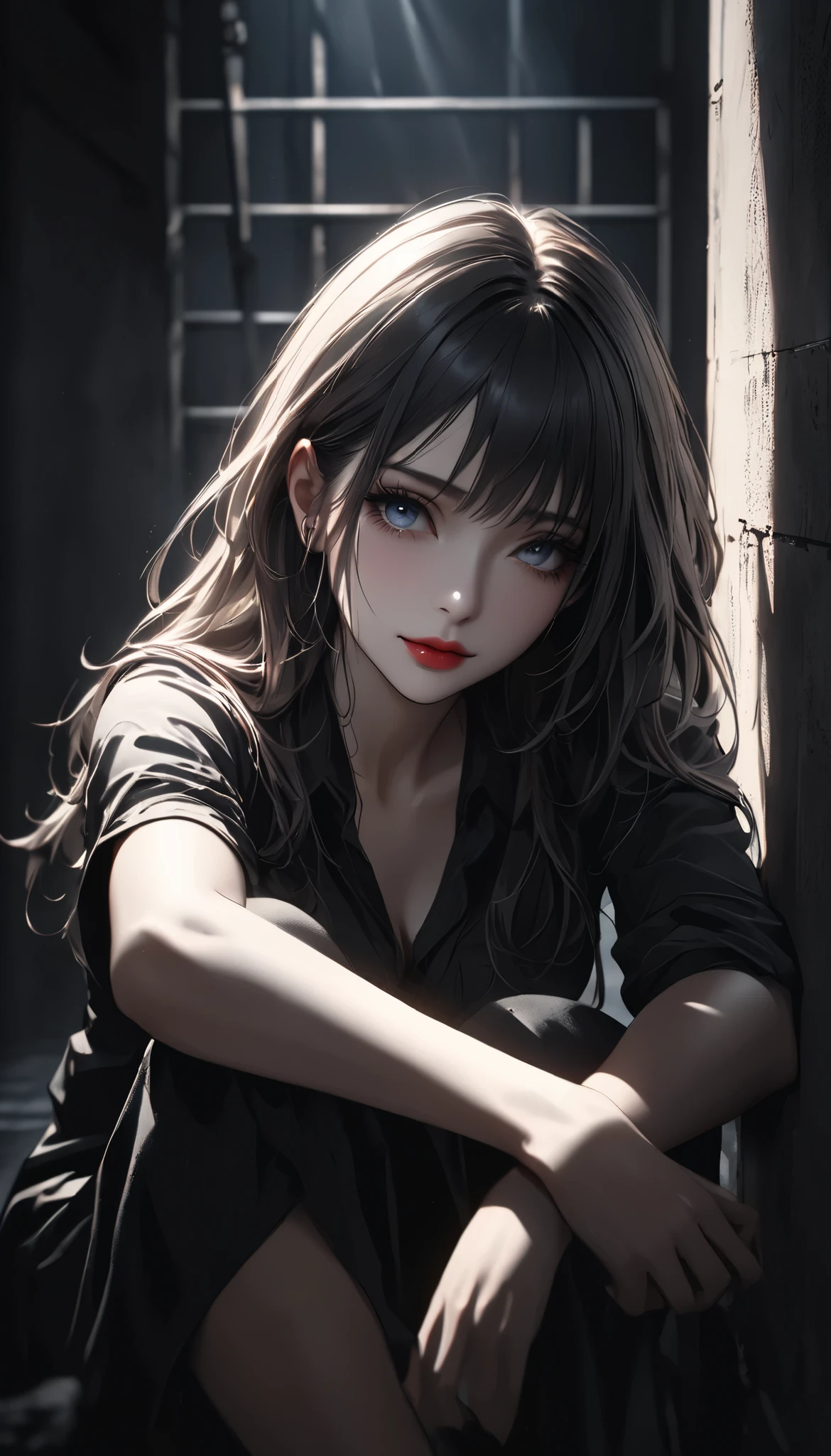 a young woman sitting in a dark, concrete prison cell, the only light coming in through a small, high-up barred window, beautiful detailed eyes, beautiful detailed lips, extremely detailed face, longeyelashes, natural yet melancholic smile, 1girl, solo, no barriers between viewer and subject, chiaroscuro lighting, dramatic, somber, cinematic, high contrast, moody, atmospheric, (best quality,4k,8k,highres,masterpiece:1.2),ultra-detailed,(realistic,photorealistic,photo-realistic),dramatic lighting,cinematic composition,melancholic,emotional,powerful,impactful