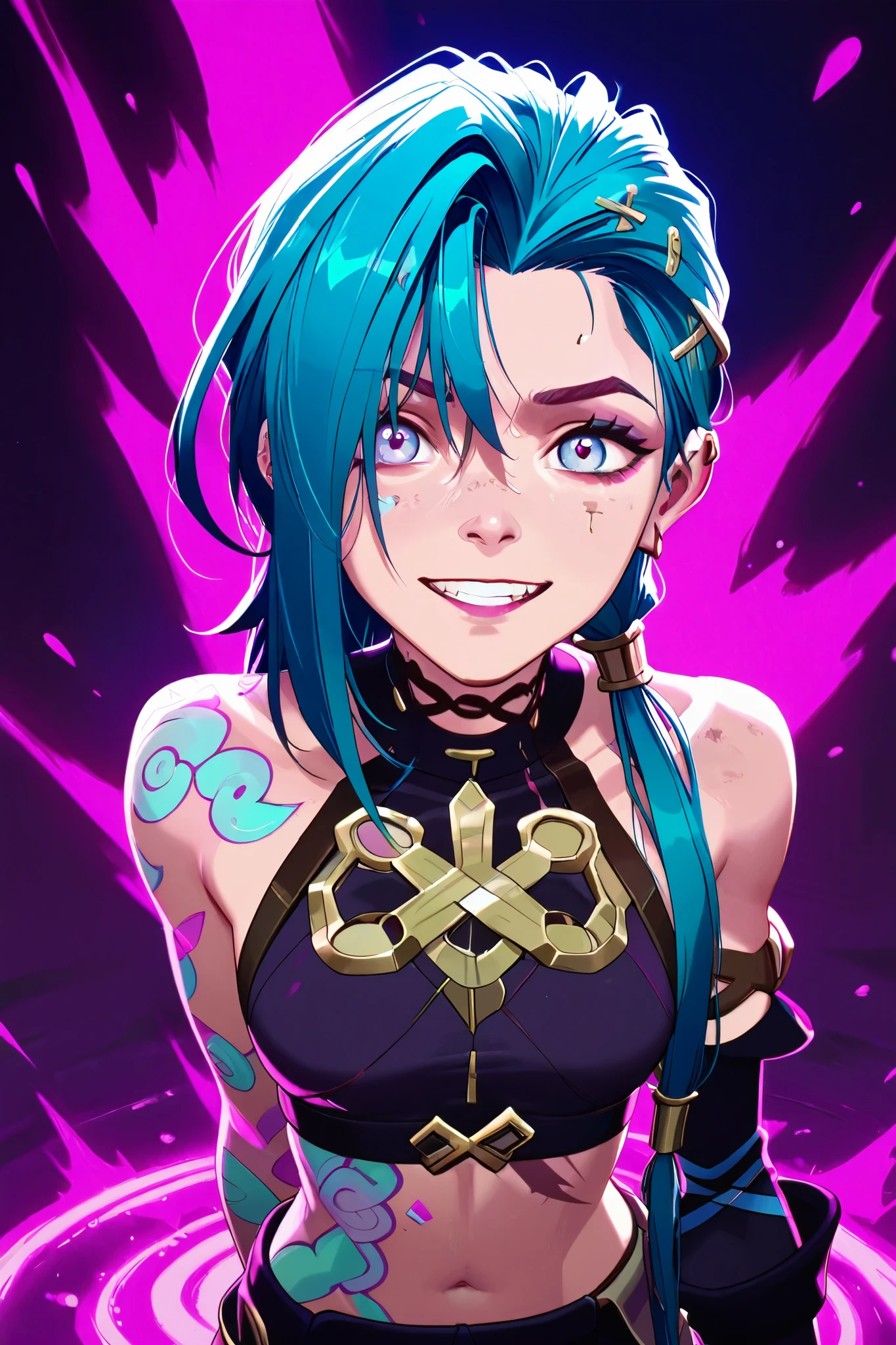 Créez une description créative et ludique d'un personnage inspiré du concept de « Nude Jinx » d'Arcane, une représentation sexy et séduisante tout en mettant l'accent sur ses traits de personnalité,  her style and the way she interacts with the world around her . Emphasize her playful nature ,  her vibrant energy and her unique fashion sense in a light and artistic way.. Make sure the description highlights its role in the story with explicit content.