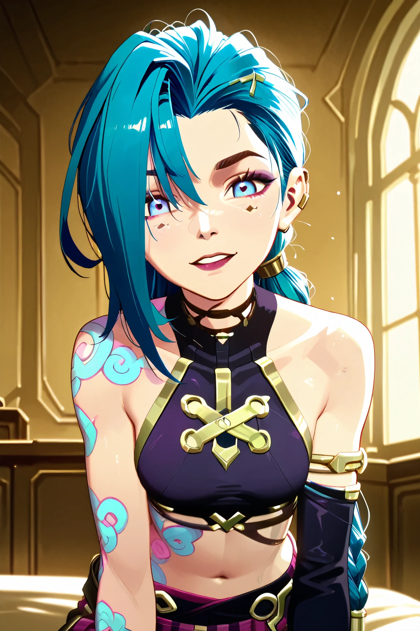Créez une description créative et ludique d'un personnage inspiré du concept de « Nude Jinx » d'Arcane, une représentation sexy et séduisante tout en mettant l'accent sur ses traits de personnalité, her style and the way she interacts with the world around her . Emphasize her playful nature , her vibrant energy and her unique fashion sense in a light and artistic way.. Make sure the description highlights its role in the story with explicit content.