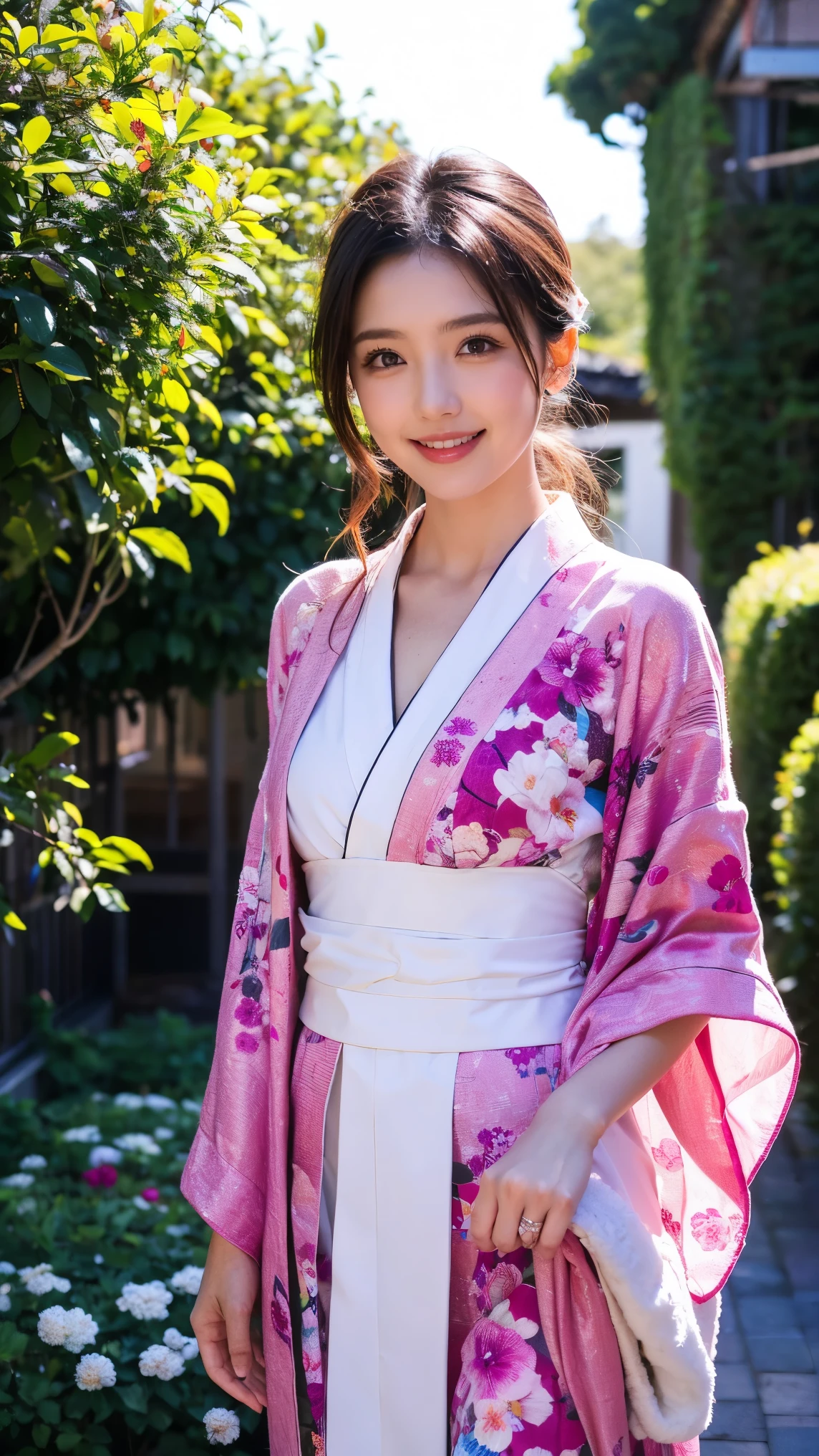 absurdres, Manoerina standing, cute grin, vibrant colors kimono, jewelry, flowers, garden, Texture Details, bright sunshine, clear sky, 8k, photo, intricate details, Masterpiece, best quality