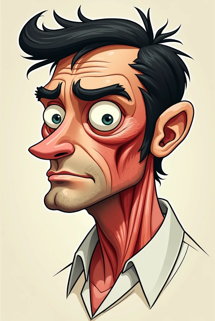 Create an image of an anatomy study of a man's face in the style of the animated band Gorillaz 