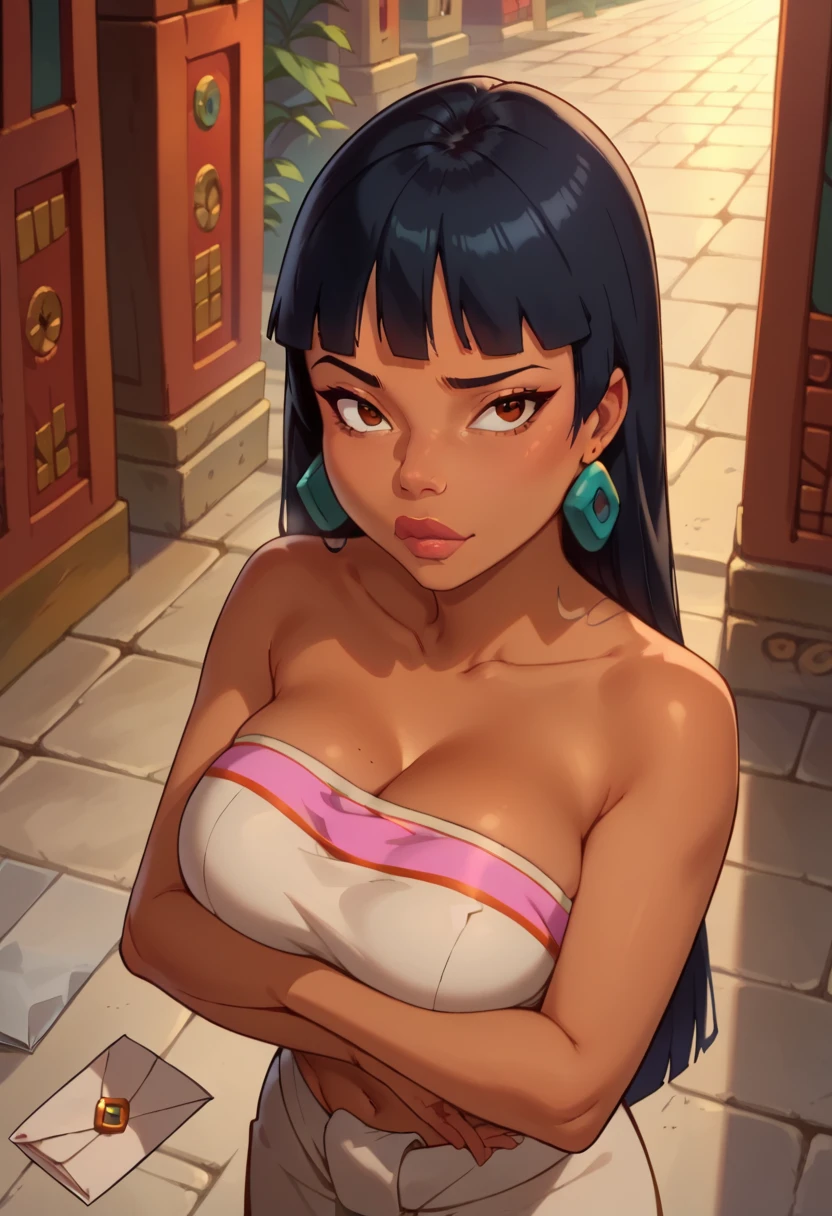 masterpiece, best quality, 1girl, chel, black hair, long hair, blunt bangs, brown eyes, dark skin, lipstick, tube top, cleavage, bare shoulders, earrings, smile, upper body, solo, looking at viewer, market background