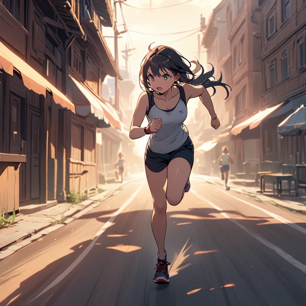 beautiful anime woman floating over a urban city,sci fi, illustration by Makoto Sinkai,digital anime art,chef woman holding cooking knife,huge huge busty,side view,run,high-speed,Full body illustration, Beautiful woman running at full speed ,Anime illustration ,Sprint, Smile, French restaurant background