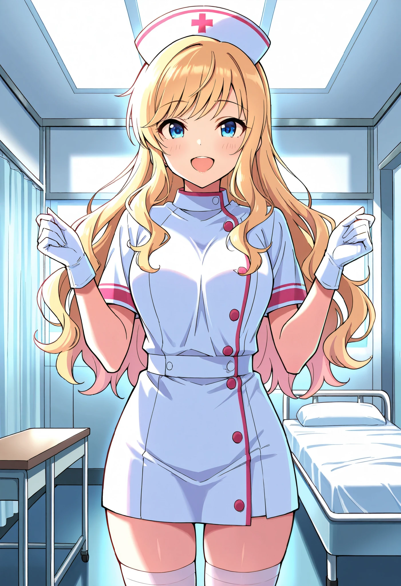 score_9, score_8_up, score_7_up, source_anime, idolyui, blonde hair, long hair, wavy hair, blue eyes, (best quality), (high quality), {masterpiece}, extremely delicate and beautiful, ultra-detailed, beautiful detailed eyes, nurse, nurse hat, ((white nurse's outfit)), white gloves, white legwear, zettai ryouiki, hospital room, smile, open mouth, standing
