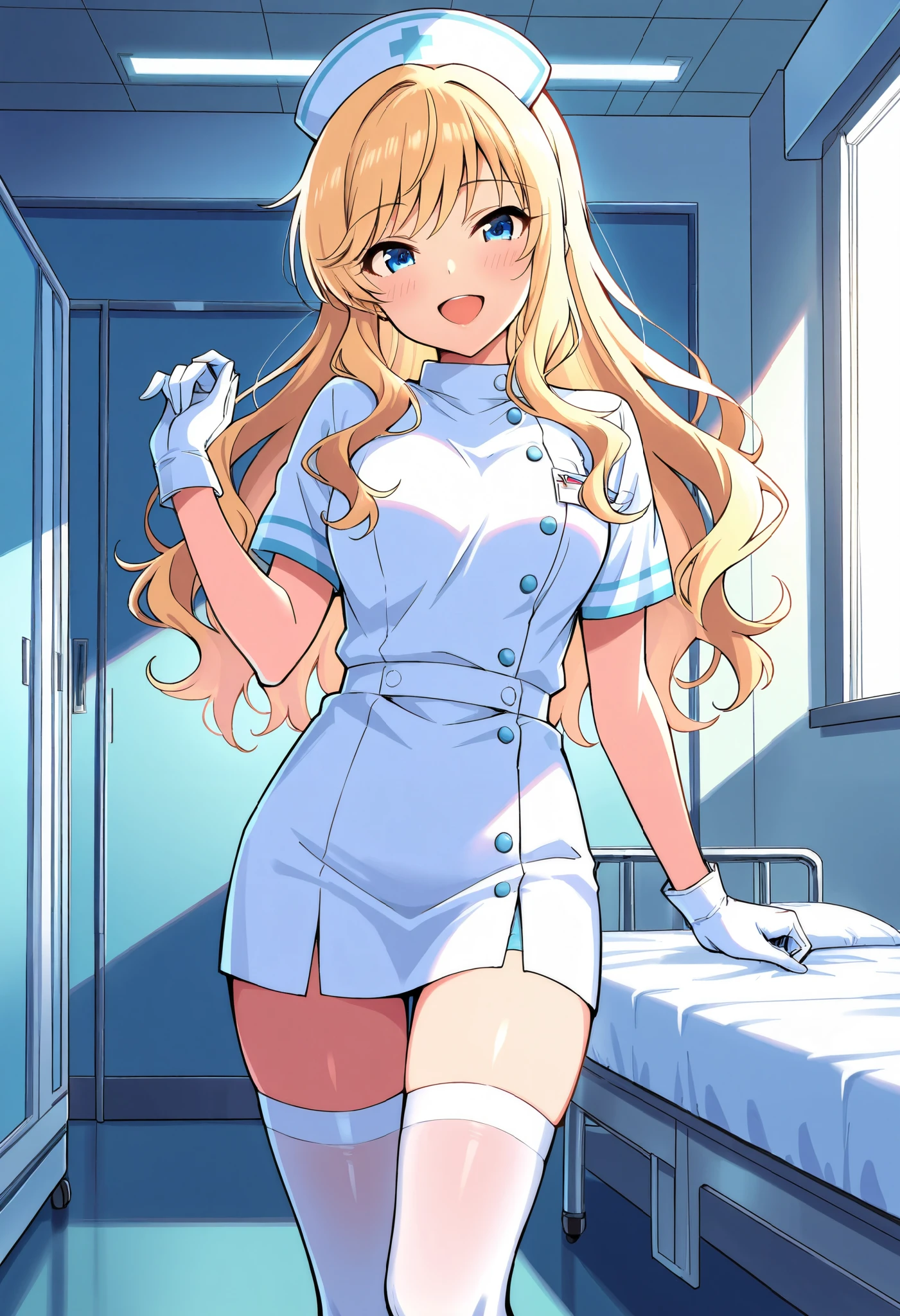 score_9, score_8_up, score_7_up, source_anime, idolyui, blonde hair, long hair, wavy hair, blue eyes, (best quality), (high quality), {masterpiece}, extremely delicate and beautiful, ultra-detailed, beautiful detailed eyes, nurse, nurse hat, ((white nurse's outfit)), white gloves, white legwear, zettai ryouiki, hospital room, smile, open mouth, standing