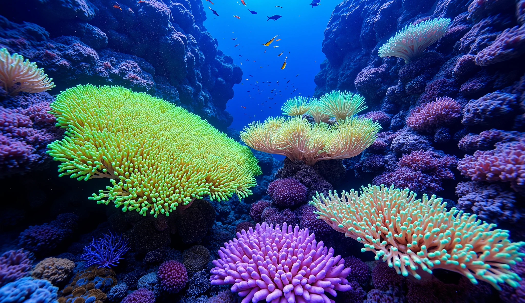 (In the water), Undersea heaven ,((very many fluorescent green giant table corals)),(( detailed colorful purple and blue and green coral reefs in the center)),Realistic Expression , shot with a fisheye lens  ,(( Multiple Fluorescent Green Corals )), (( are filled with 10,000 natural coral groups with lots of extremely colorful colors)), (( lots of green and blue soft corals that emit fluorescent colors )), crystal clear water, , strong sunshine ,Vast coral reefs ,Detailed seaweed ,( lots of colorful tropical fish),( myriad cobalt sparrows ), large blue tropical fish , spiny butterflyfish ,Hanadai-hsien, golden butterflies .Scallops , myriad cobalt sparrows , seahorses, lots of psychedelic starfish on the seabed , life,  lively colors, Serene atmosphere, Quiet, Swaying seaweed ,  array of vibrant colors ) , ( best quality , high resolution:1.2), (In the water photography), ( lively), (  soft diffused lighting  ), Orchestra of Highly Coloured Corals, Vast Seas ,Coral Reef,
