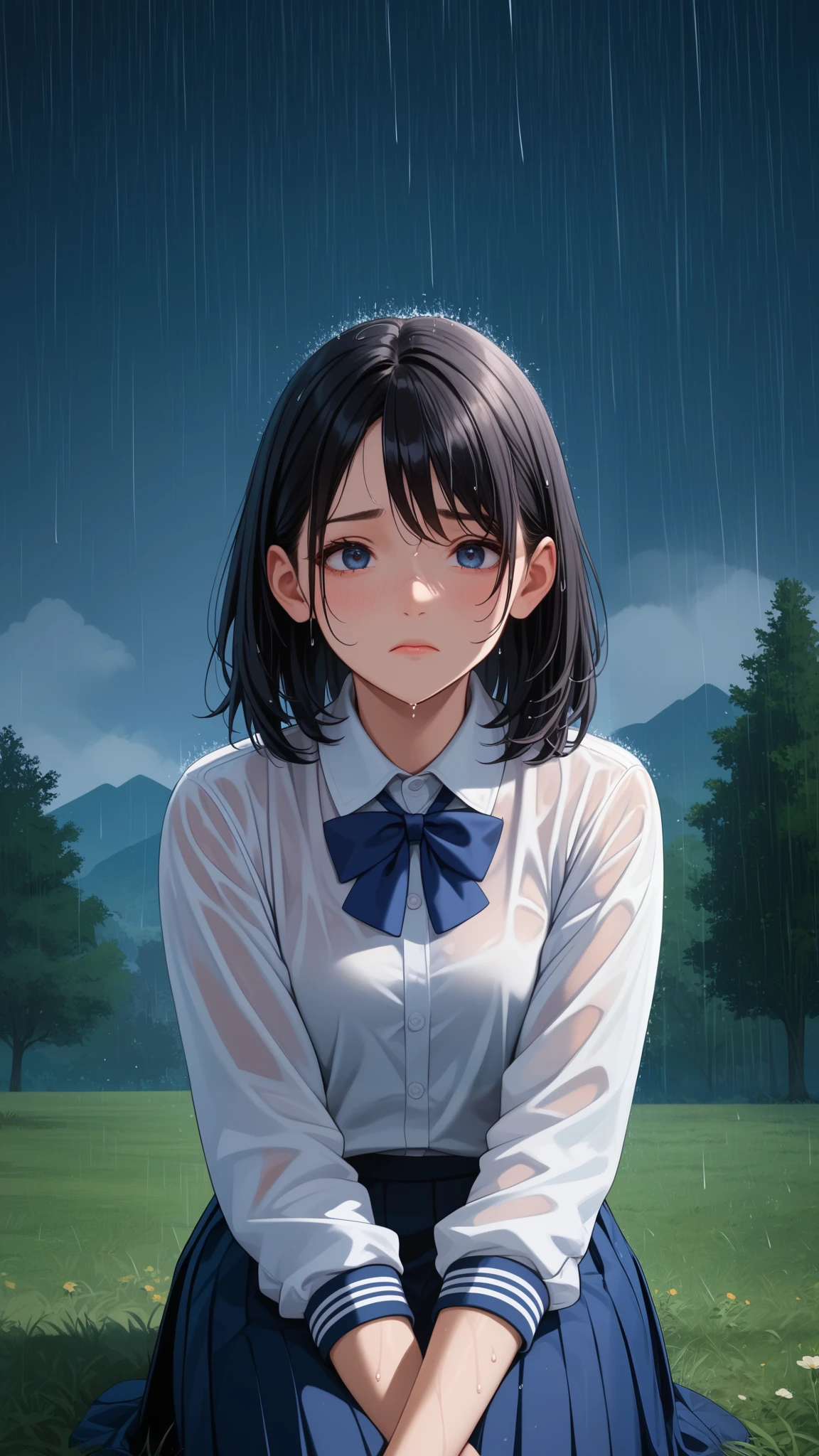 Score_9, Score_8_up, Score_7_up, Score_6_up, Score_5_up, Score_4_up, Source_anime, Tag1, Tag2, Quality_masterpiece , perfect features , perfect figure , Perfectly Detailed , Ultra Detailed , Ultra Highly Detailed , Ultra HD , Accurate , Masterpiece , Anatomically Correct , High Details , High Quality , Super Detailed ,, raining,  sitting on the grass, hugging her legs, trees, mountain, heavy rain, dark sky, night, wet uniform and skin, medium hair, black hair, opened eyes, sad, wearing a japanese high school uniform, facing forward, no house,