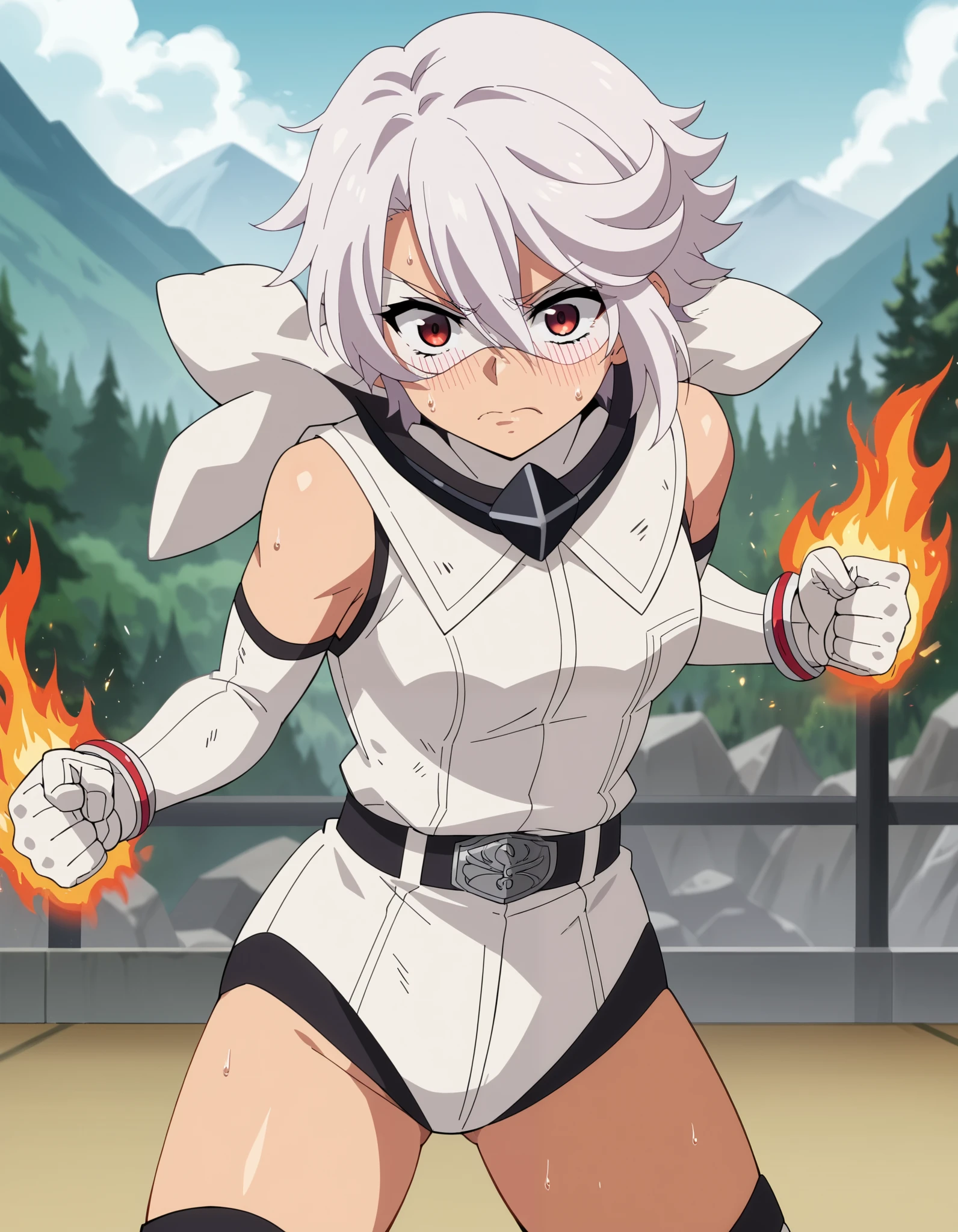 1girl, solo, short hair, White hair, red eyes, eye mask, leotard, sleeveless, belt, elbow gloves, white gloves, bracelet, thighhighs, thigh boots, Hood, ((hood up)), outdoors, mountains, closed mouth, sweat, blush, martial arts, solo, fire, fire on hands, punching, looking at viewer, punching, clenched hand, motion lines, motion blur, anime screencap score_9, score_8_up, score_7_up, score_6_up, score_5_up, score_4_up, BREAK source_anime, masterpiece
