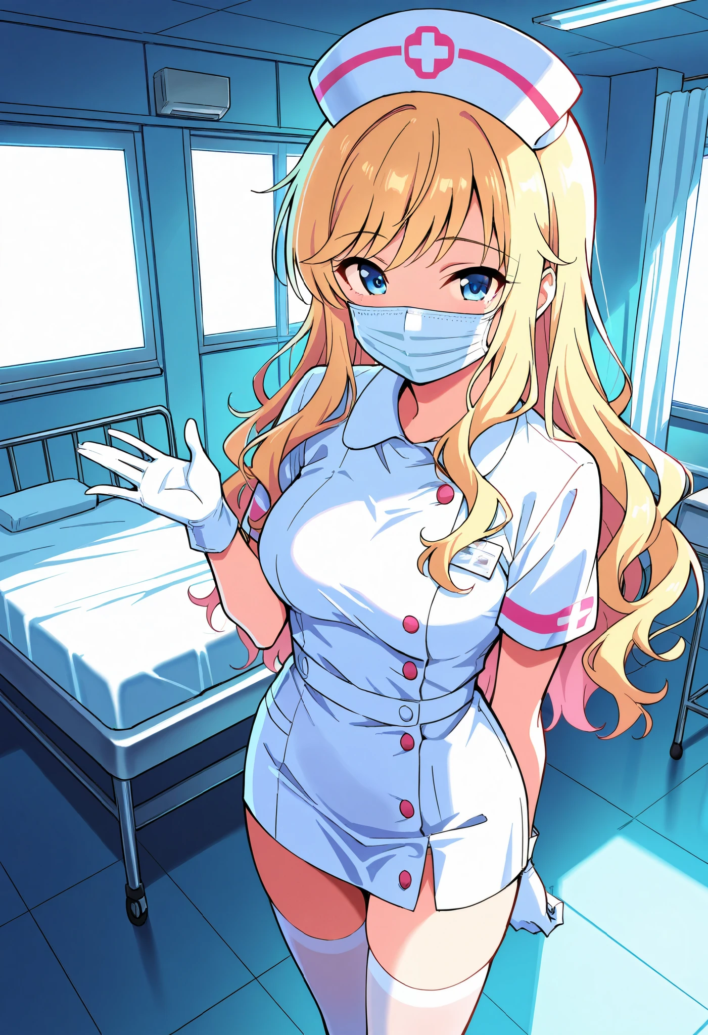score_9, score_8_up, score_7_up, source_anime, idolyui, blonde hair, long hair, wavy hair, blue eyes, (best quality), (high quality), {masterpiece}, extremely delicate and beautiful, ultra-detailed, beautiful detailed eyes, nurse, nurse hat, ((white nurse's outfit)), white gloves, white legwear, zettai ryouiki, hospital room, ((white surgical mask, covered nose)), standing