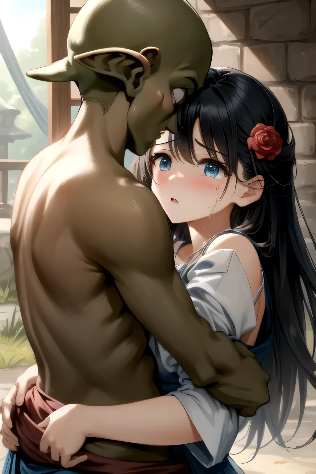 、(Masterpiece、 best quality 、 ultra high definition )、( perfect face、 beautiful faces、 beautiful eyes)、(comics、 manga 、story)、armor、 flower hair ornament、Ruins、 Imprisonment、Prisoner、Battle with Goblins、A goblin is holding a human woman 、 a goblin is hugging a human woman 、 women hate it 、Women cry、(((2 men、female 1 person,))、