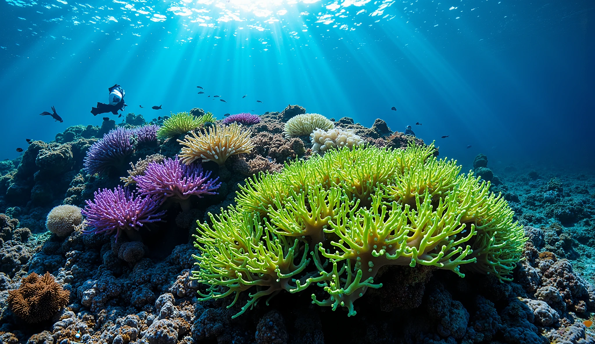 (In the water), Undersea heaven ,((very many fluorescent green giant table corals)),(( detailed colorful purple and blue and green coral reefs in the center)),Realistic Expression , shot with a fisheye lens  ,(( Multiple Fluorescent Green Corals )), (( are filled with 10,000 natural coral groups with lots of extremely colorful colors)), (( lots of green and blue soft corals that emit fluorescent colors )), crystal clear water, , strong sunshine ,Vast coral reefs ,Detailed seaweed ,( lots of colorful tropical fish),( myriad cobalt sparrows ), large blue tropical fish , spiny butterflyfish ,Hanadai-hsien, golden butterflies .Scallops , myriad cobalt sparrows , seahorses, lots of psychedelic starfish on the seabed , life,  lively colors, Serene atmosphere, Quiet, Swaying seaweed ,  array of vibrant colors ) , ( best quality , high resolution:1.2), (In the water photography), ( lively), (  soft diffused lighting  ), Orchestra of Highly Coloured Corals, Vast Seas ,Coral Reef,