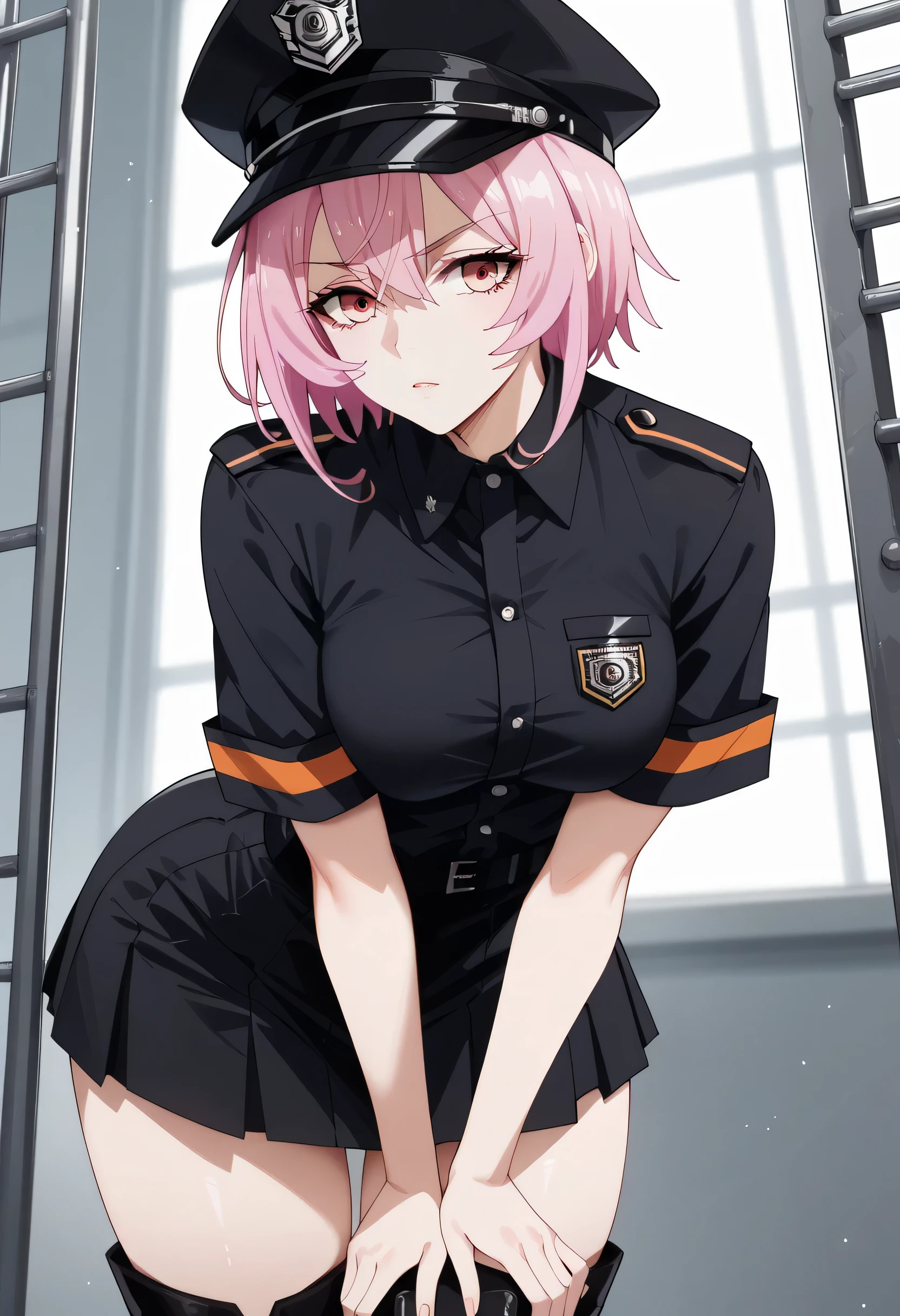 score_9,score_8_ up,score_7_ up,,Alone,Smart_Citri, short_hair, pink_hair,(((black prison security guard uniform,,black cop hat,black skirt ))),thigh high boots,white lace panties, leaning forward,hip up