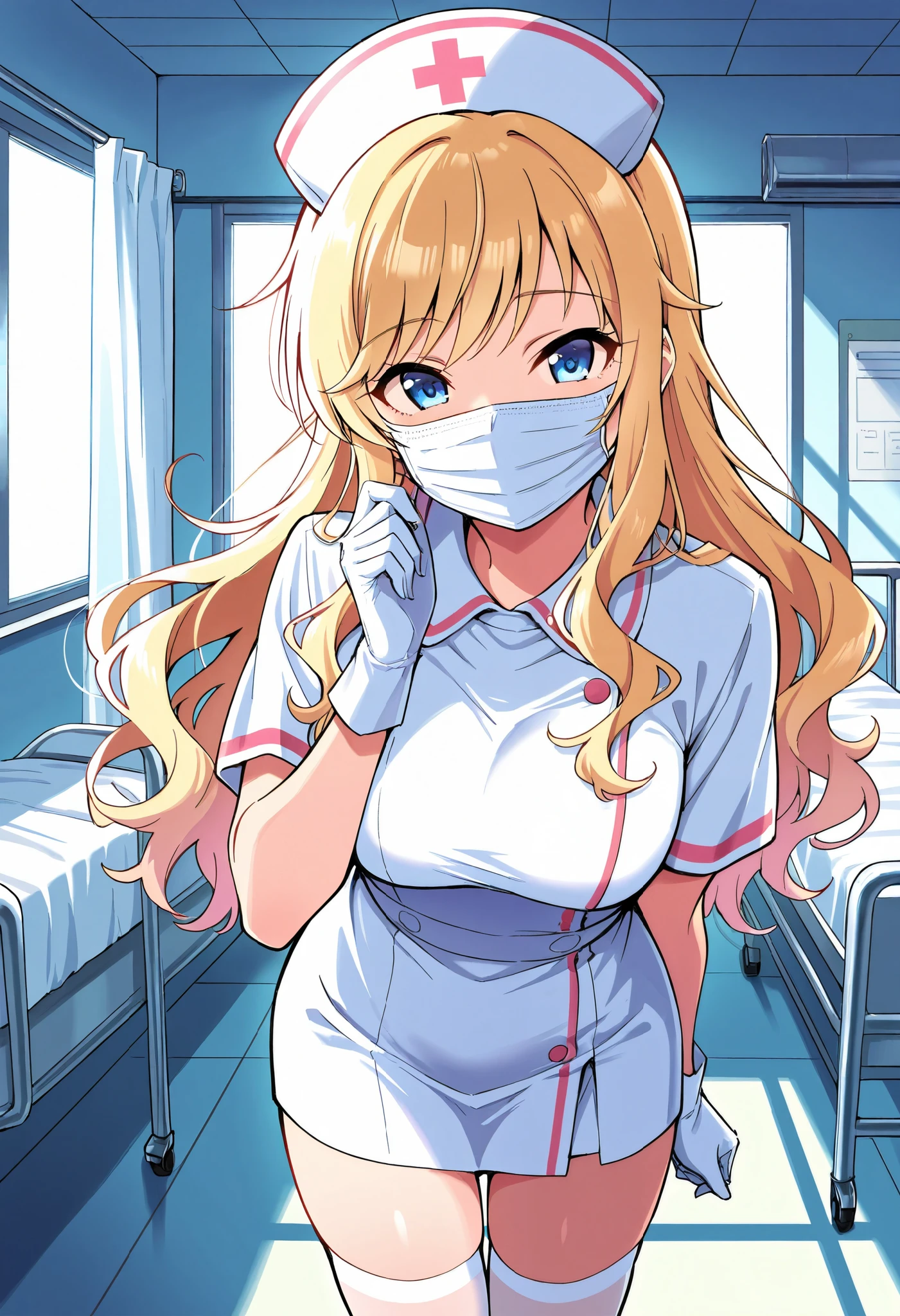 score_9, score_8_up, score_7_up, source_anime, idolyui, blonde hair, long hair, wavy hair, blue eyes, (best quality), (high quality), {masterpiece}, extremely delicate and beautiful, ultra-detailed, beautiful detailed eyes, nurse, nurse hat, ((white nurse's outfit)), white gloves, white legwear, zettai ryouiki, hospital room, ((white surgical mask, covered nose)), standing