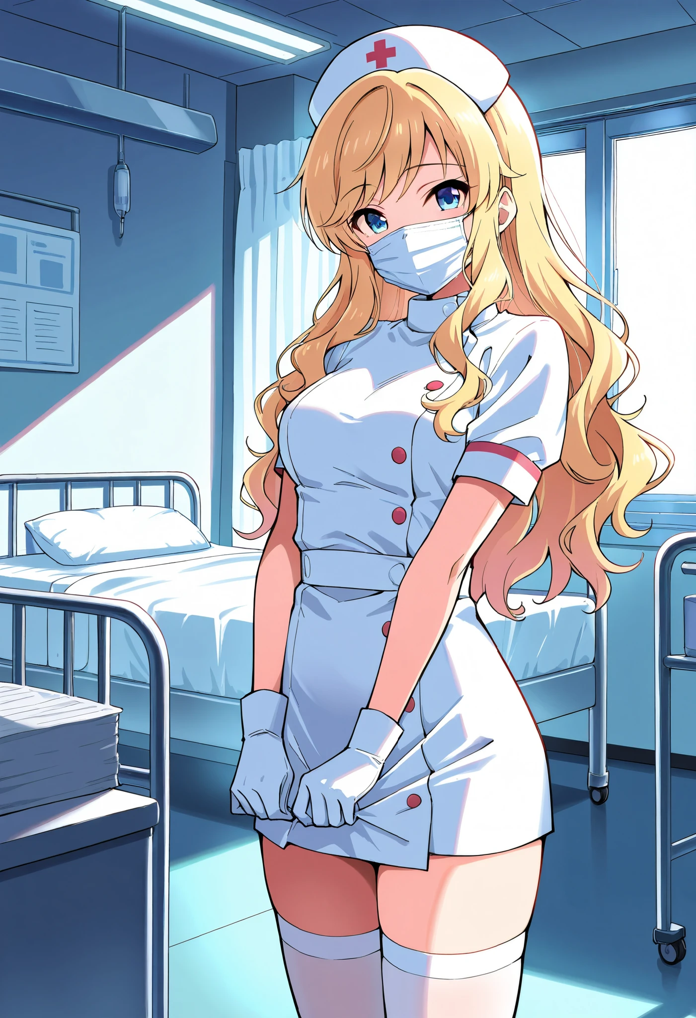score_9, score_8_up, score_7_up, source_anime, idolyui, blonde hair, long hair, wavy hair, blue eyes, (best quality), (high quality), {masterpiece}, extremely delicate and beautiful, ultra-detailed, beautiful detailed eyes, nurse, nurse hat, ((white nurse's outfit)), white gloves, white legwear, zettai ryouiki, hospital room, ((white surgical mask, covered nose)), standing