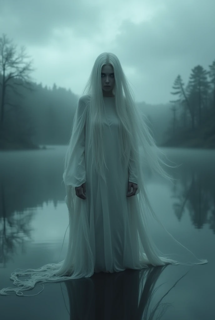 A dark, mist-covered lake with a ghostly figure rising from the water, her face filled with sorrow and loss
