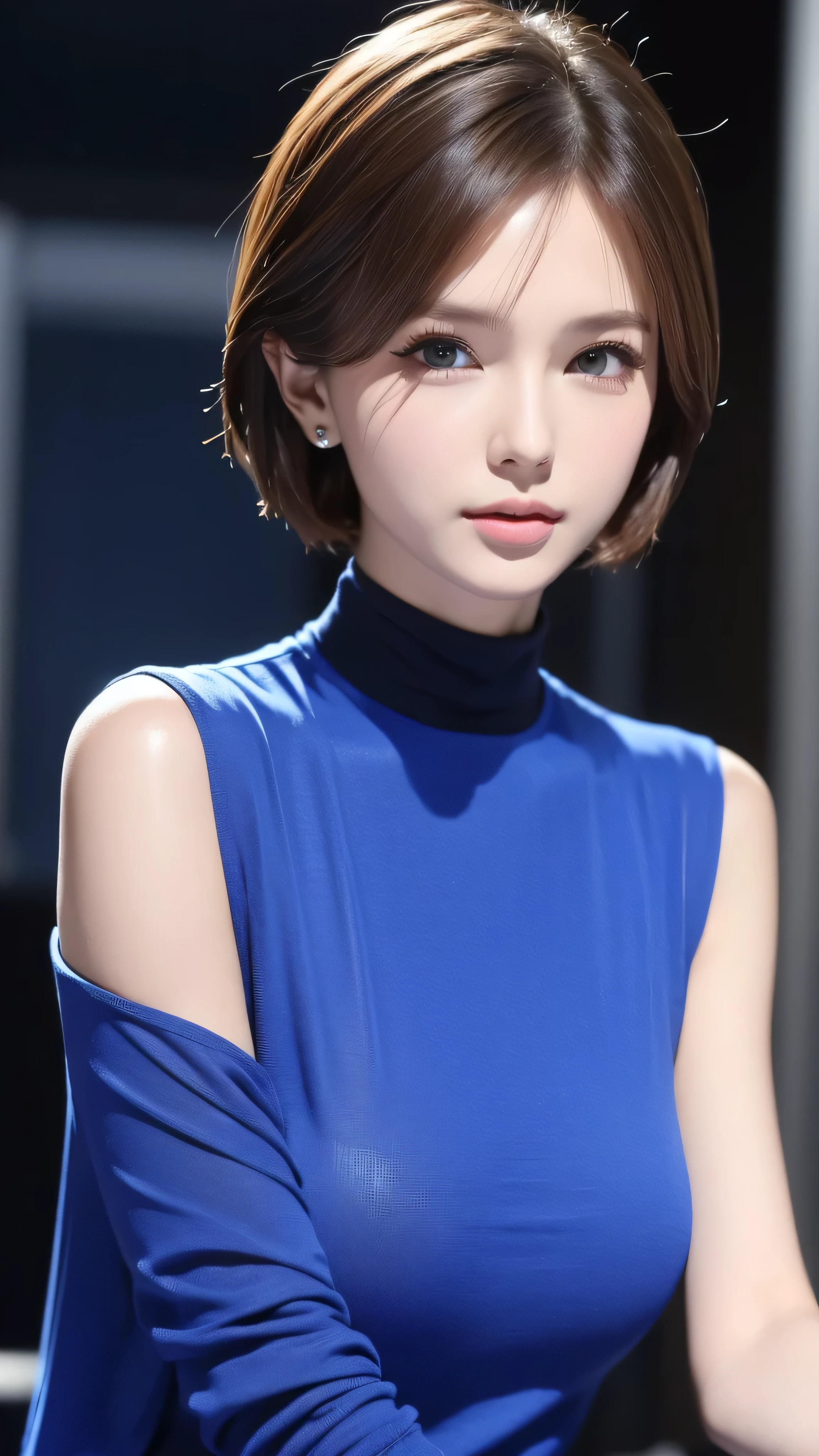 highdefinition images ,Closeup of a beautiful woman with short hair 。 wearing a blue shirt and a black turtleneck t-shirt。, Nicole man , Star Trek, Character Portrait , Double Al Set , Details, Award winning , super real