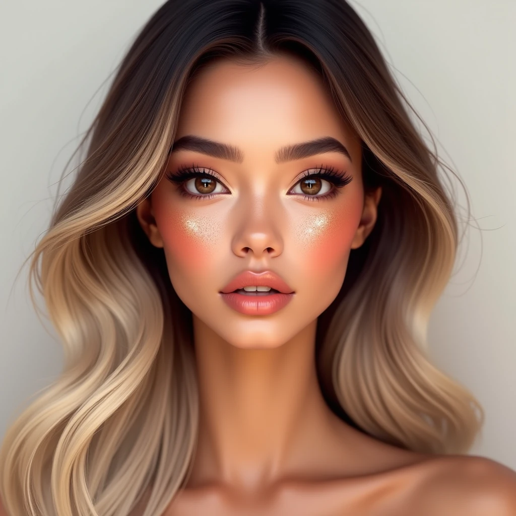 into the image, we see a woman of Vietnamese and American descent, with tanned skin, typical vietnamese. Her face is round and delicate, with a small, slightly rounded nose, that famous one "potato nose" that brings a sweetness to your look. His eyes are pulled, almond-shaped, which reflects its Asian roots. She has a serious look, almost thoughtful, which matches the casual pose he is in.
Her hair is long, smooth ass, but with soft waves, não é aquele smooth ass chapado. It's blond, but clearly dyed, with the darker roots contrasting with the warm blonde that dominates the rest of the strands. Waves in hair give a natural movement, which further enhances the contrast between the roots and lighter ends.
She is wearing a jacket, that you asked to replace with the blouse that was in the previous image. The jacket adds a stylish yet casual touch to her look., matching the stripped-down setting of the original image. The pose and framing of the image follow the same pattern as the drawing you submitted., with her slightly leaning forward, looking directly at the camera, with a strong and expressive countenance.