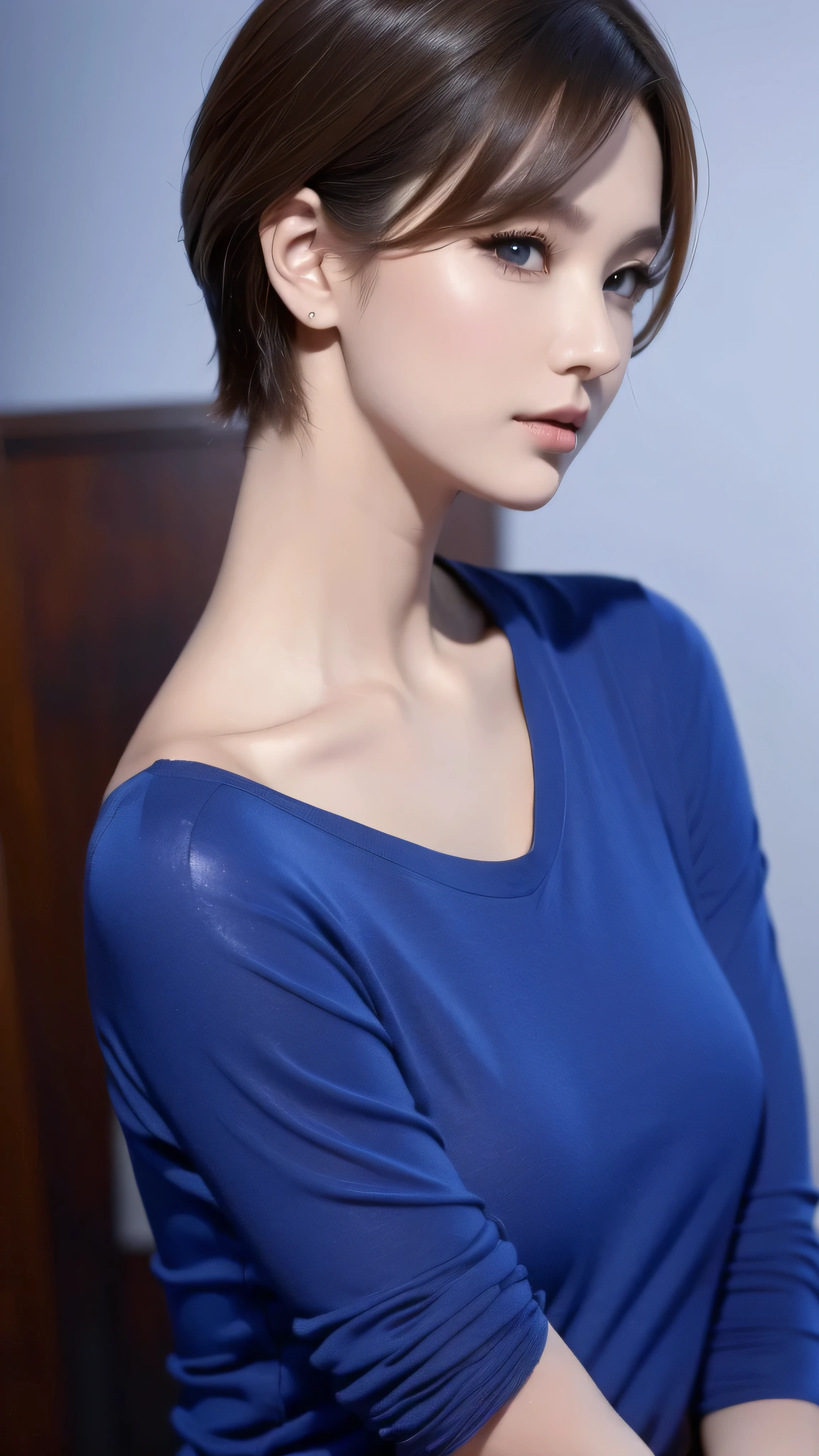 highdefinition images ,Closeup of a beautiful woman with short hair 。 wearing a blue shirt and a black turtleneck t-shirt。, Nicole man , Star Trek, Character Portrait , Double Al Set , Details, Award winning , super real
