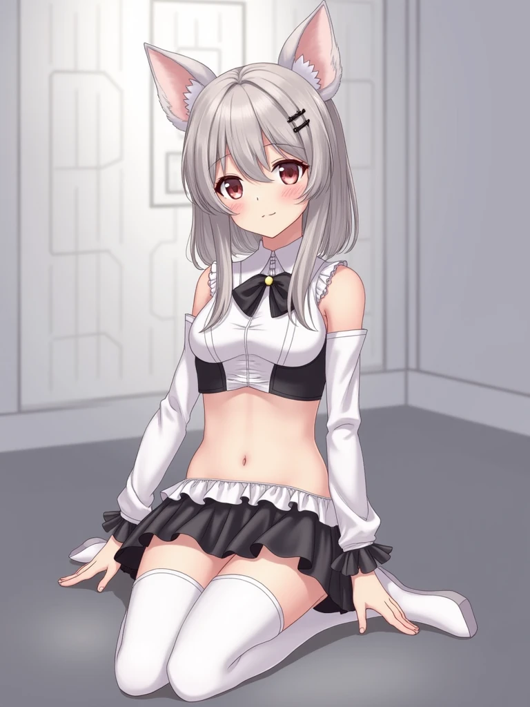 source_anime, anime style, 1girl, kokona-nosleeves,kokona \(blue archive\),orange eyes,multicolored hair,very long hair,animal ears,halo,black dress,(pelvic curtain:1.2),(white skirt:1.2),bare arms,black socks, cameltoe