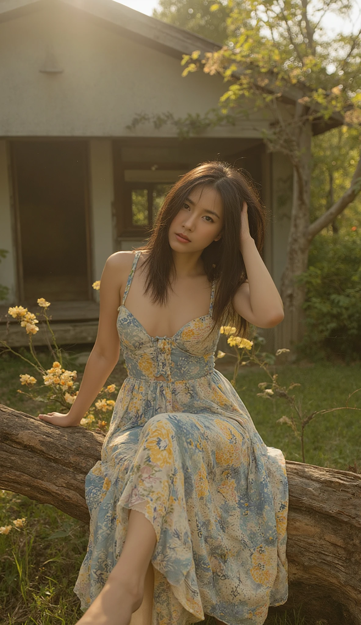 High angle, full-body portrait of a young Thai woman with long, straight, slightly messy black hair and a well-proportioned, natural physique. She is wearing a modern floral-patterned sundress in blue and yellow tones with a subtle cleavage design, highlighting her figure. She has large, well-defined breasts. She is sitting on a large fallen tree branch in a relaxed yet confident pose, leaning slightly against the branch for support. Her legs are stretched out, with her bare feet resting naturally on the ground. Her hand is raised to her forehead as she looks straight at the camera, giving a sense of grace and sophistication, ((hide her fingers in her hair)). Her expression is calm and neutral, with a subtle frown, while her lifelike features and confident, regal demeanor draw attention. The camera angle is slightly low, emphasizing her elegance and the surrounding details. The background features an abandoned, minimal-style house, a garden adorned with blooming chrysanthemums, and warm sunlight streaming through, creating a serene and balanced atmosphere. The composition highlights her luminous attire and natural beauty as the central focus. Full body, solo, high resolution, masterpiece, anatomically correct, photorealistic, highly detailed, textured skin, ultra-realistic environment.