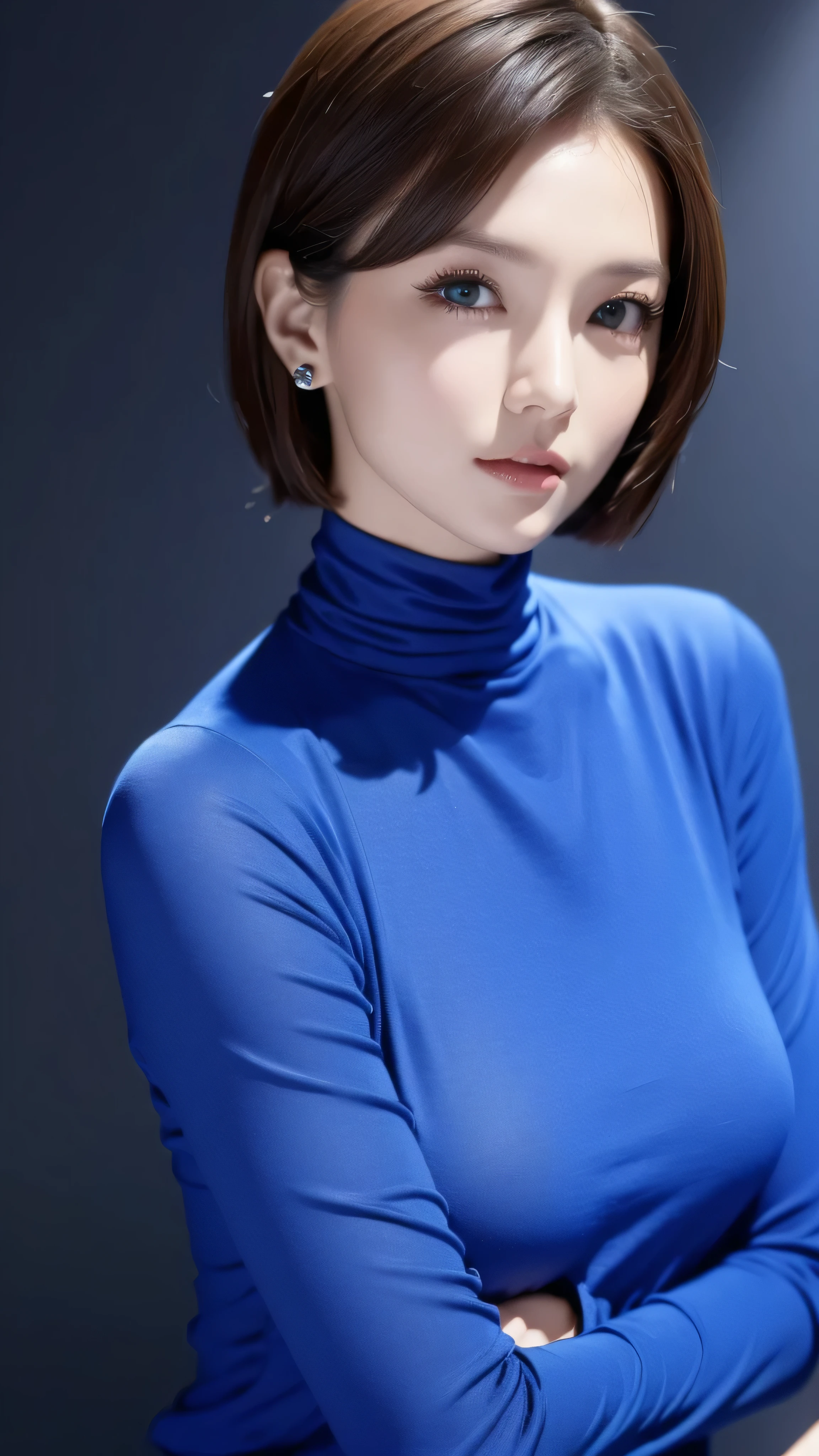 highdefinition images ,Closeup of a beautiful woman with short hair 。 wearing a blue shirt and a black turtleneck t-shirt。, Nicole man , Star Trek, Character Portrait , Double Al Set , Details, Award winning , super real