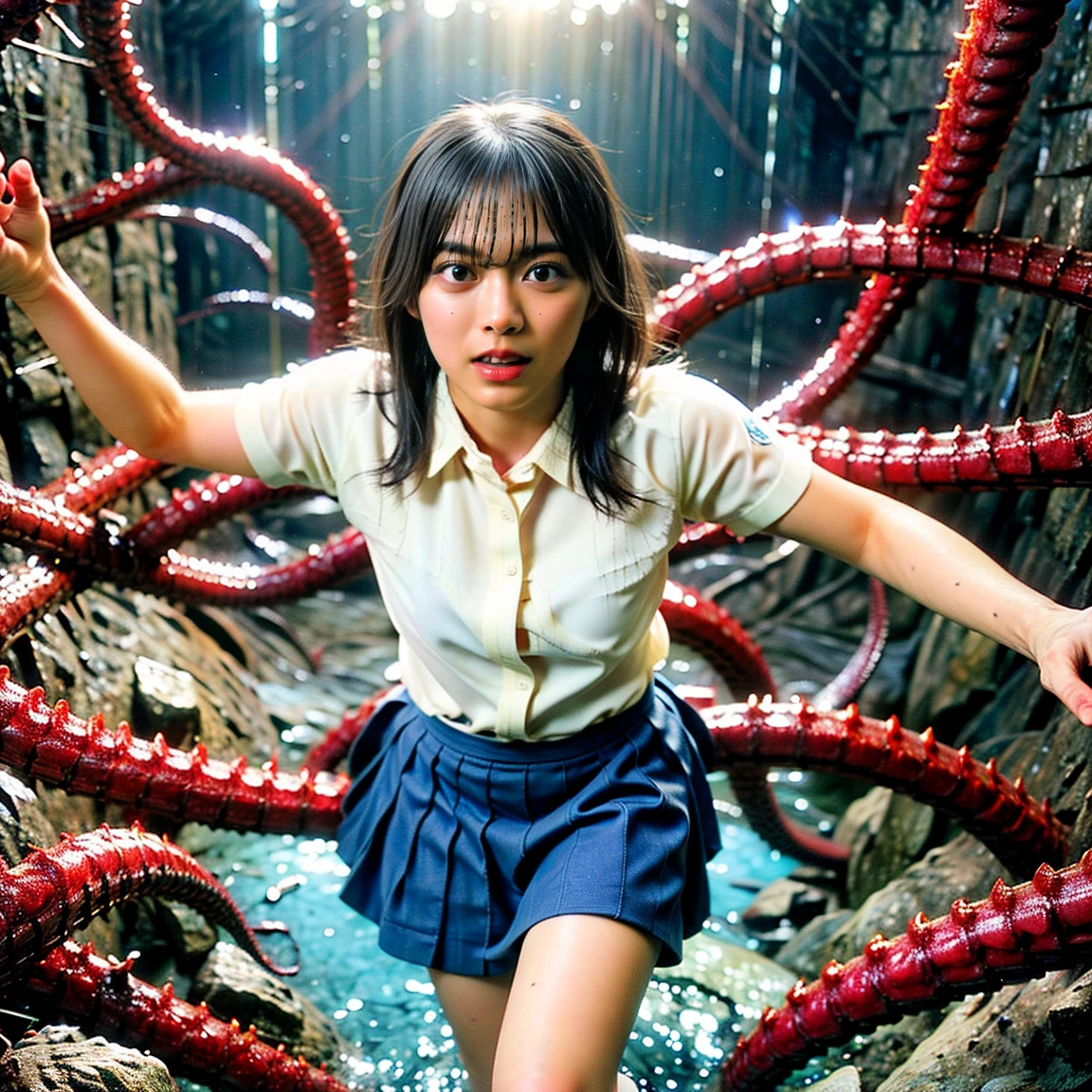 (8k、Highest quality、masterpiece:1.2)、(Realism、Photorealistic:1.37)、Ultra high definition、(Highest quality)、(masterpiece)、naked girl trapped by tentacles、Perfect fit body、Perfect fit、Perfect Thighs ,Long Hair, Long Hair, Too much exposure, all over the body、 sticks to the body、 on the face, Hands clasped behind head、Surrounded by tentacles、The body is connected by many tentacles.、Hands bound by tentacles、The legs are tied with tentacles、Tentacles groping the whole body、Mature woman posing,Open your mouth、Scream、Moaning in pain, Feeling pain, Flowing Tears:1.5, pain, in pain and crying