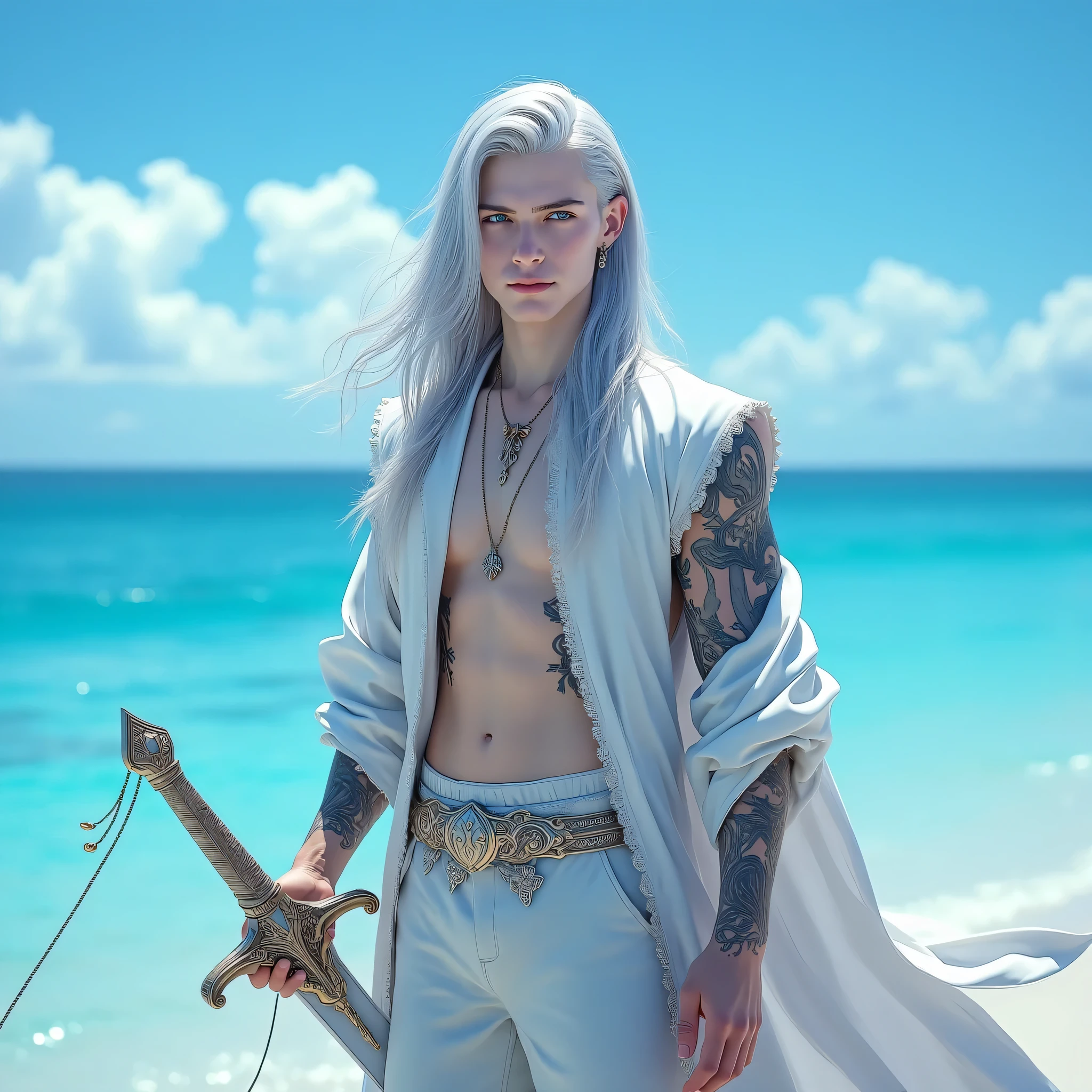 A realistic portrait of griffith from berzerk standing naked in the middle of a lake, (Best quality),(beautiful)