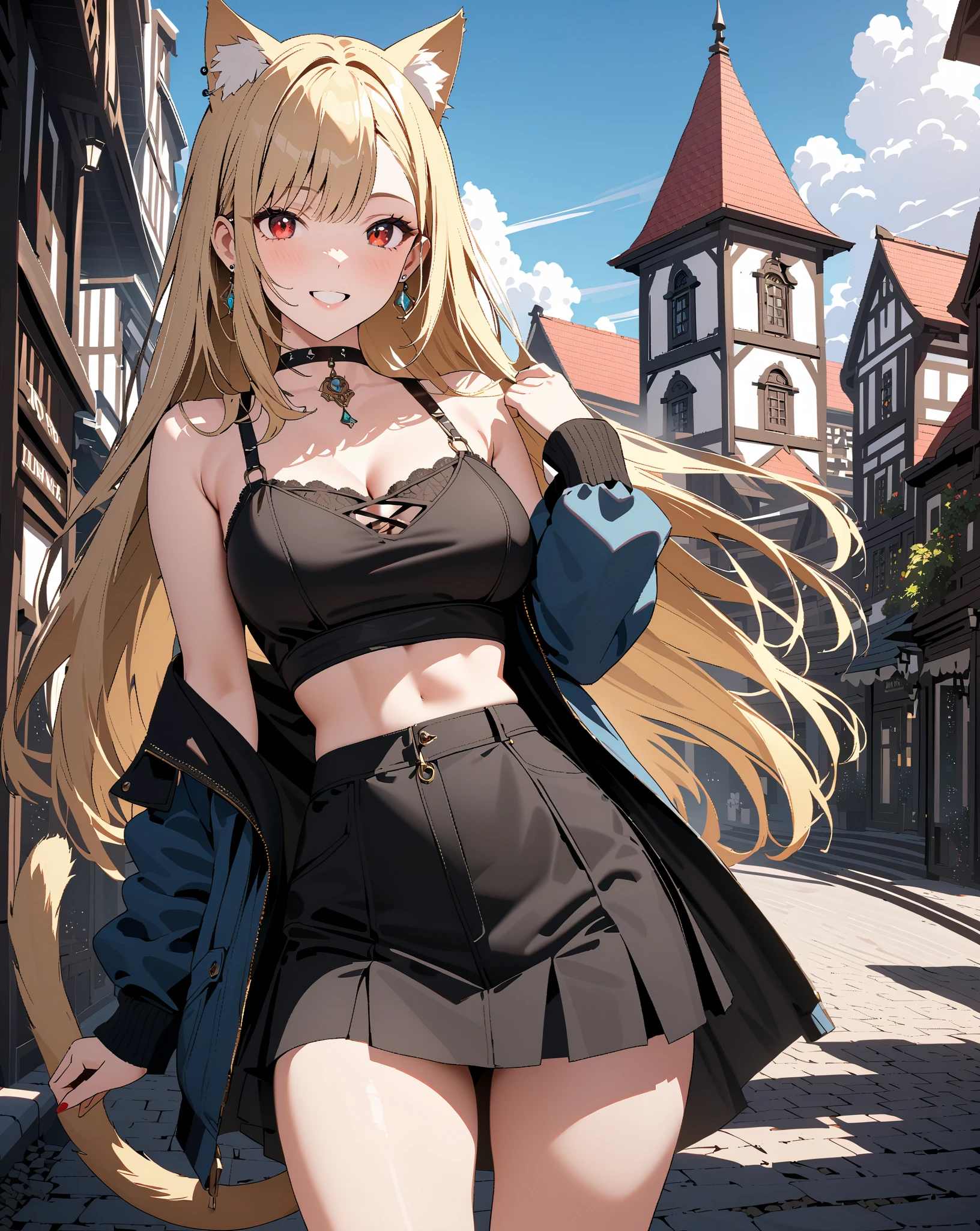 Facial Close up on blonde girl looking at viewer, blushed and screams, long hair, tied up, arms behind her back, worried eyebrows, blue eyes, wears ripped blankets that cover her hips and upper body, visible naked belly button, standing in a medieval slave market, out in the open, crowd of people in background with medieval clothing, rustic atmosphere, sunlight casting shadows, detailed environment, market stalls, wooden cages, stone pavements