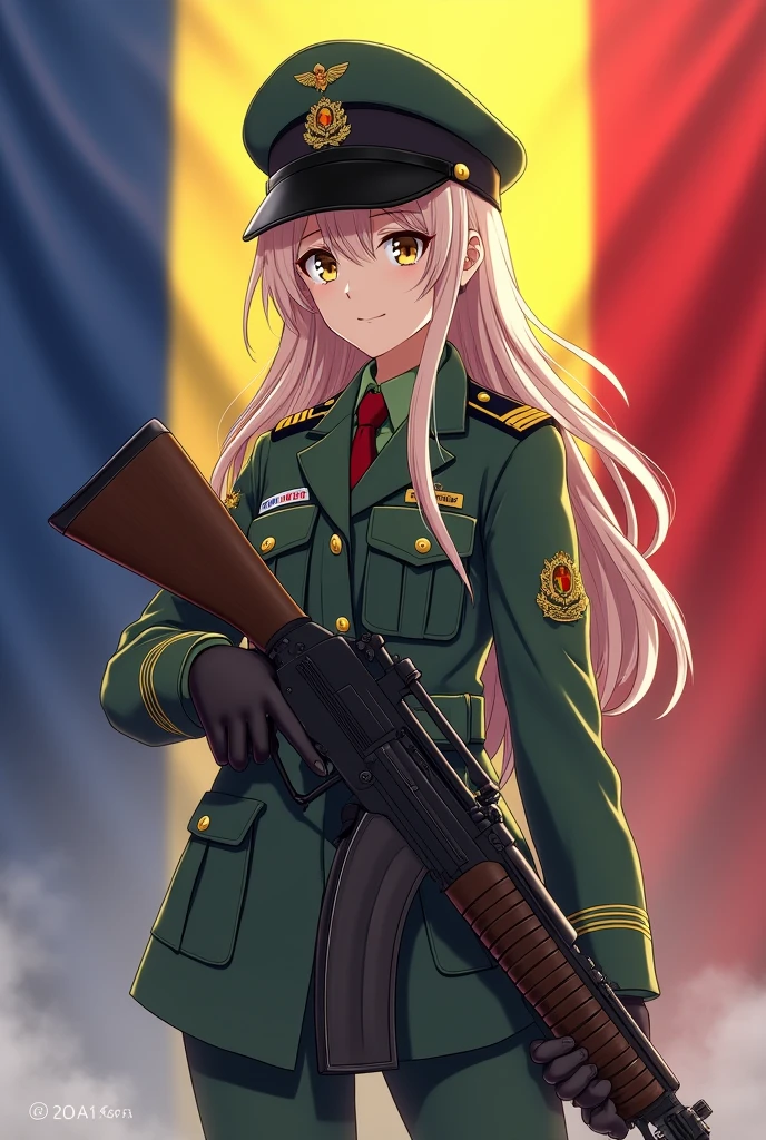 Anime girl militaire avec un patch 14/88 écrit en gros sur son gilet par balle et un drapeau avec écrit "World wide white pride" et une croix celtique noir et blanche sur le drapeau