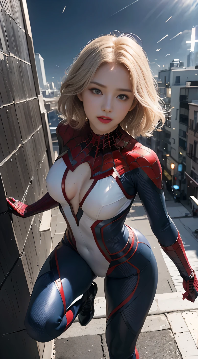 (masterpiece:1.4), (8k, photorealistic, RAW photo, best quality: 1.4), japanese, (1girl), beautiful face, (realistic face:1.4), (white hair, long hair:1.3), beautiful hairstyle, beautiful detailed eyes, (best ratio eyes:1.5), attractive, ultra high res, ultra realistic, highly detailed, best ratio, (detailed face:1.4), looking at viewer, red lipsticks, (best ratio fingers:1.5), (White superhero theme, charismatic, there's a girl on top of town, wearing lingerie Spider-Man costume, she's a superhero), [ ((25 years), full body, (realistic blue eyes:1.2), ((Spider-Man pose), show of strength, jumping from one building to another), ((sandy urban environment):0.8)| (cityscape, at night, dynamic lights), (full moon))] # Explanation: The Prompt mainly describes a 4K painting of ultra-high definition, very realistic, very detailed. It shows a superheroine at the top of the city, wearing a Spider-Man costume. The theme in the painting is a white superhero theme, the female protagonist has long white hair, is 25 years old and her entire body is shown in the painting. In terms of portraying the actions of superheroines, spiders are employed, (no bra:1.4), perky_nipples, ((exposed_nipples, exposed breasts, high proportional realistic breasts, realistic big breasts):1.3), (closed mouth:1.4), (camel_toe_pussy:1.3), innie_pussy,