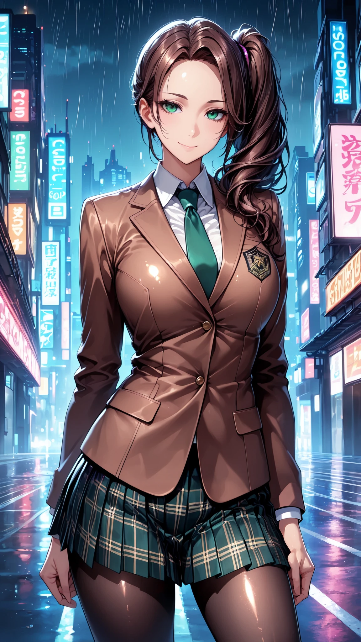 masterpiece, best quality, vibrant, very aesthetic, high contrast, anime style, realistic, newest, shiny skin,slender, cinematic-lightning, Enhance colors to maximum saturation, cowboy shot, high contrast, 1girl, detailed eyes, green eyes, slightly smile, detailed semi-long hair, dark brown silky hair, forehead, sliced back hair, side ponytail, contrapposto, Captivating thighs, uniform, brown blazers, Green tie, Plaid Pleated Skirt, black tights, rainy cyber city, at night
