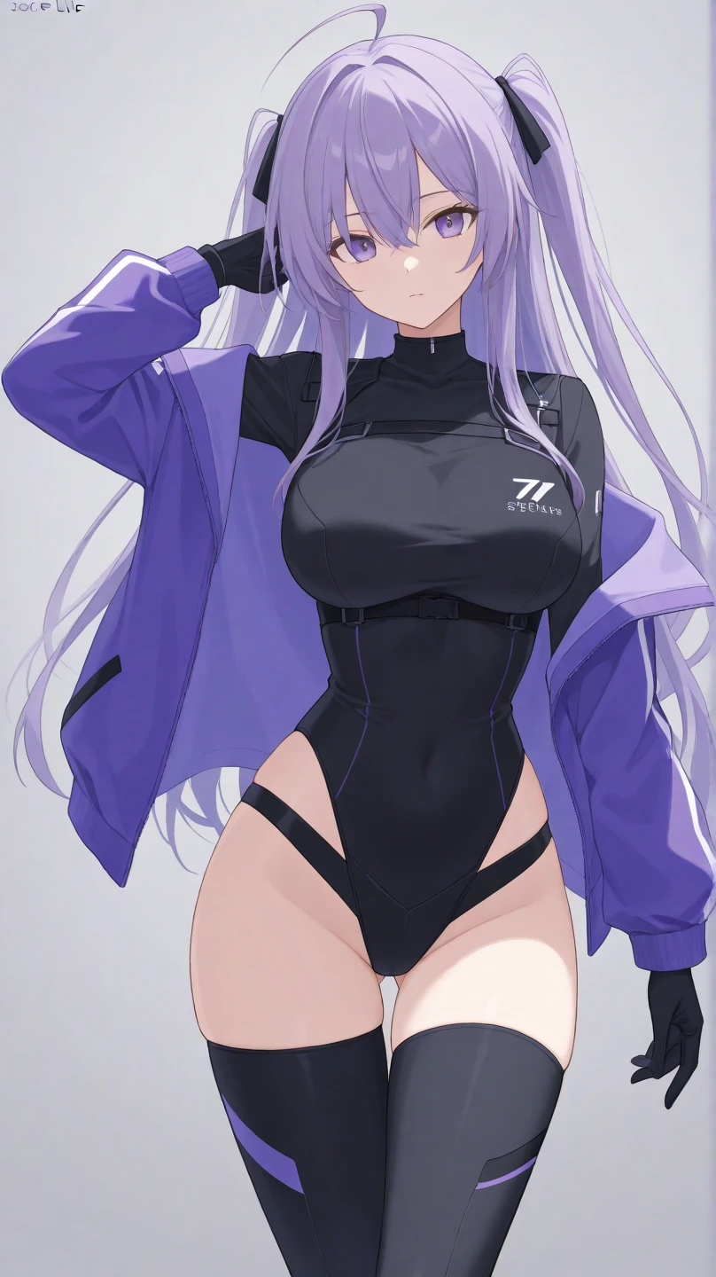 女の子1人、Animal food、bangss、bare shoulders​、The bikini、Black Bikini、Black jacket、blue bow、blue eyess、red blush、the bow、breastsout、a choker、鎖骨、hoods、Breeding food、jaket、length hair、long-sleeve、looking at viewert 、Penguin Food、Purple hair、swim wears、thighs thighs thighs thighs、Super long hair、Eau、​masterpiece、top-quality、Naughty big、large full breasts、A smile