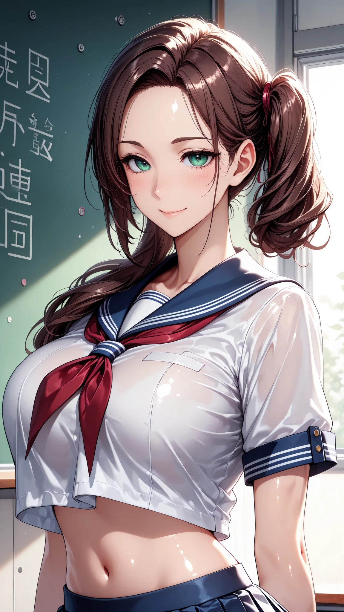 masterpiece, best quality, vibrant, very aesthetic, high contrast, anime style, realistic, newest, cinematic-lightning, Enhance colors to maximum saturation, shiny skin, slender, 1woman, detailed face, detailed eyes, green eyes, slightly smile, semi-long hair, dark brown silky hair, forehead, sliced back hair, side ponytail, contrapposto, navel, Captivating thighs, knee, classroom, (sheer crop top white shirt), sailor suit,blue pleated skirt, red ribbon tie