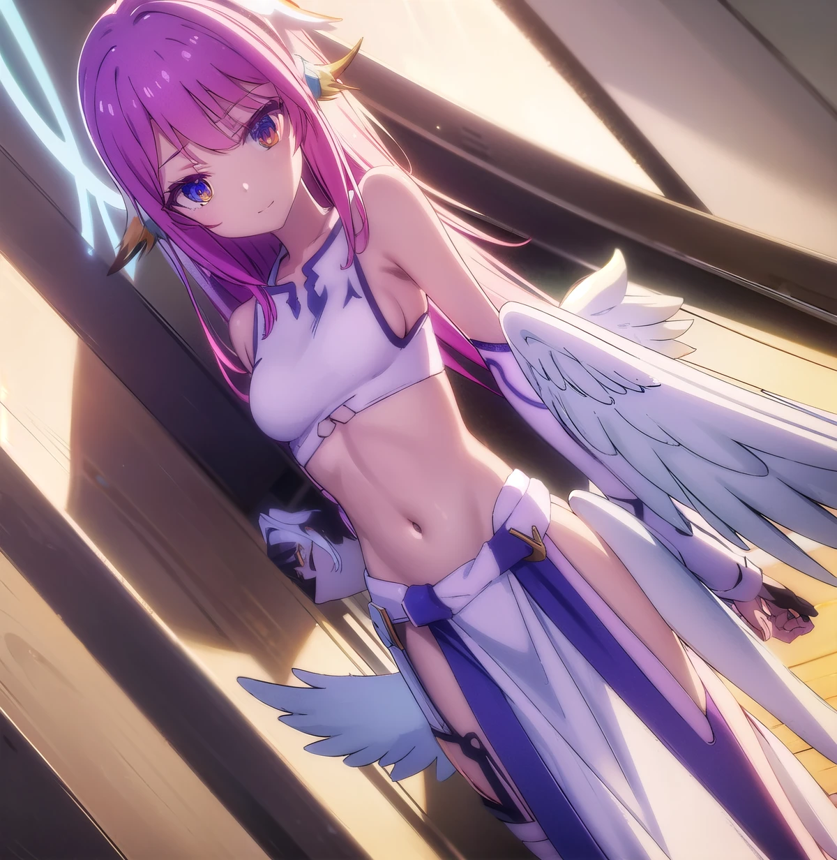 jibril, BREAK jibril, angel, angel wings, animal ears, bird ears, compass rose halo, feathered wings, feathers, gradient hair, halo, long hair, low wings, multicolored hair, navel, pink hair, symbol-shaped pupils, tattoo, white wings, wing ears, wings, (yellow eyes:1.5), smile,
BREAK asymmetrical legwear, crop top, cross, gloves, mismatched legwear, sideboob,
BREAK indoors, library,
BREAK looking at viewer, (cowboy shot:1.5),
BREAK (masterpiece:1.2), best quality, high resolution, unity 8k wallpaper, (illustration:0.8), (beautiful detailed eyes:1.6), extremely detailed face, perfect lighting, extremely detailed CG, (perfect hands, perfect anatomy), nude, naked