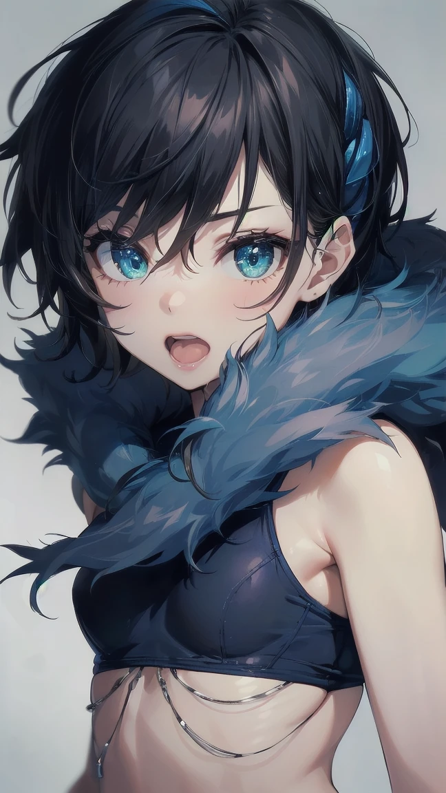 Close-up of a cartoon girl with blue hair and a yellow shirt, 2D Animation, 2D Animation style, 2D Art, 2D Art, 2D from Gorillaz, 2D from Gorillaz, 2D Gorillaz, Screaming Cerket, 2D Sprites, Jinx Face, short hair, hot pants, Small breasts, ((Black Hair, Bright blue fur inside:1.4))