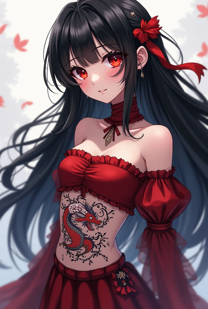 (naked:0.3 body paint style), (((in a beautiful full Body Paint Art is detailed red rose))) (solo straight black hair long hair cute femdom girl), ((18 yo)), (sexy red eyes, love smile, bigboobs), perfect anatomy, masterpiece, best quality, 16k.
