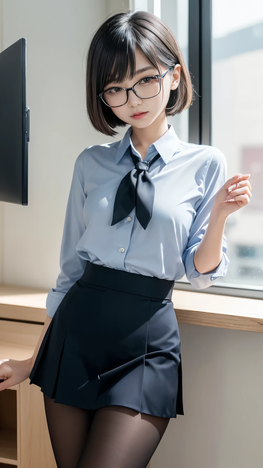 master piece , best quality , detailed , blouse , skirt , sitting , (from front) , bed room , indoor