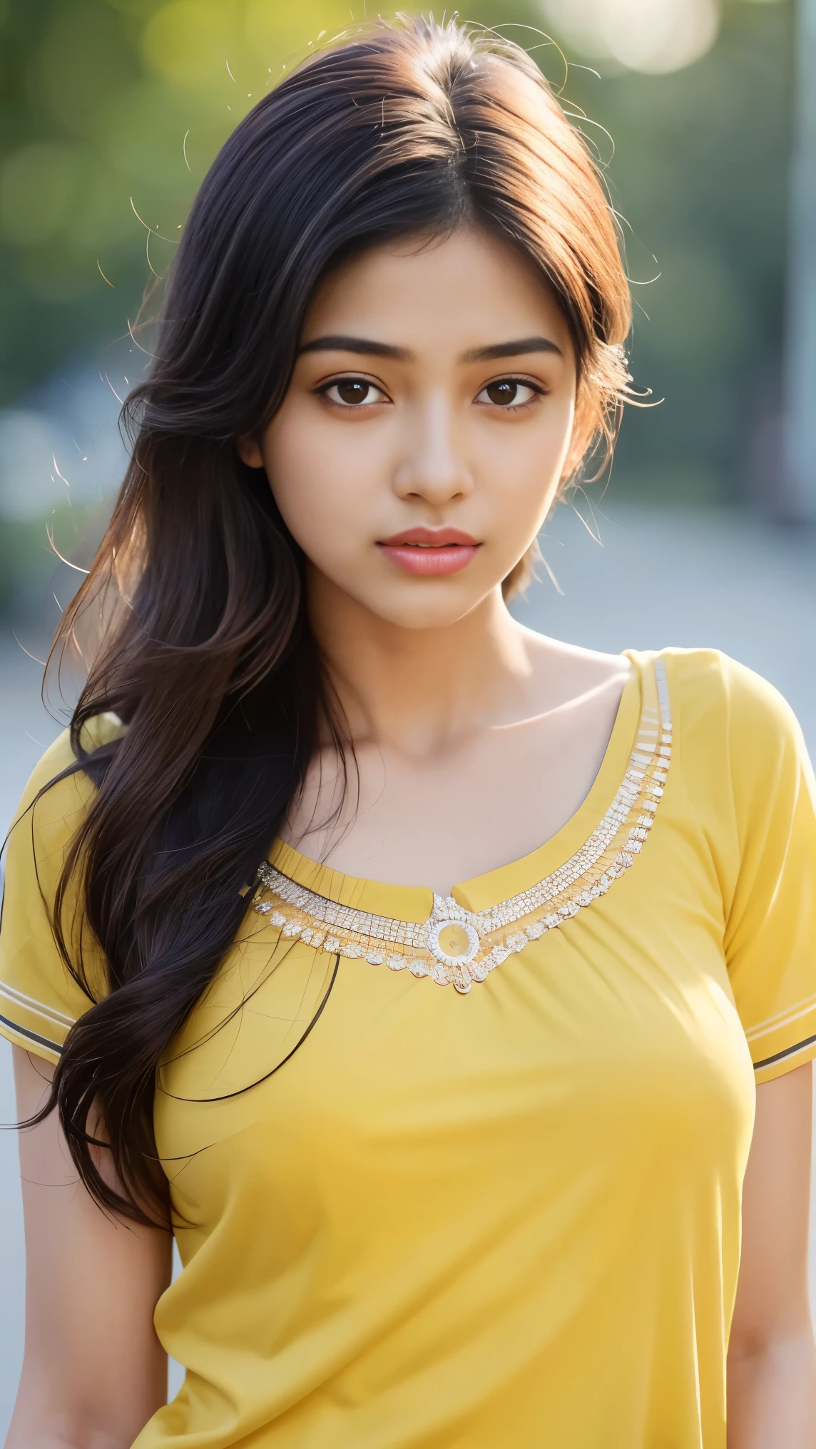 there is Pakistani a woman with big , long straight black hair , realistic face , young and cute girl , 18 years old , attractive girl , cute beautiful , very beautiful girl , 22 years old , 21 years old , with cute - beautiful - face , girl with cute face , Indian , Girl next door innocent look , cute seductive smile , portrait, big breasts with yellow bra