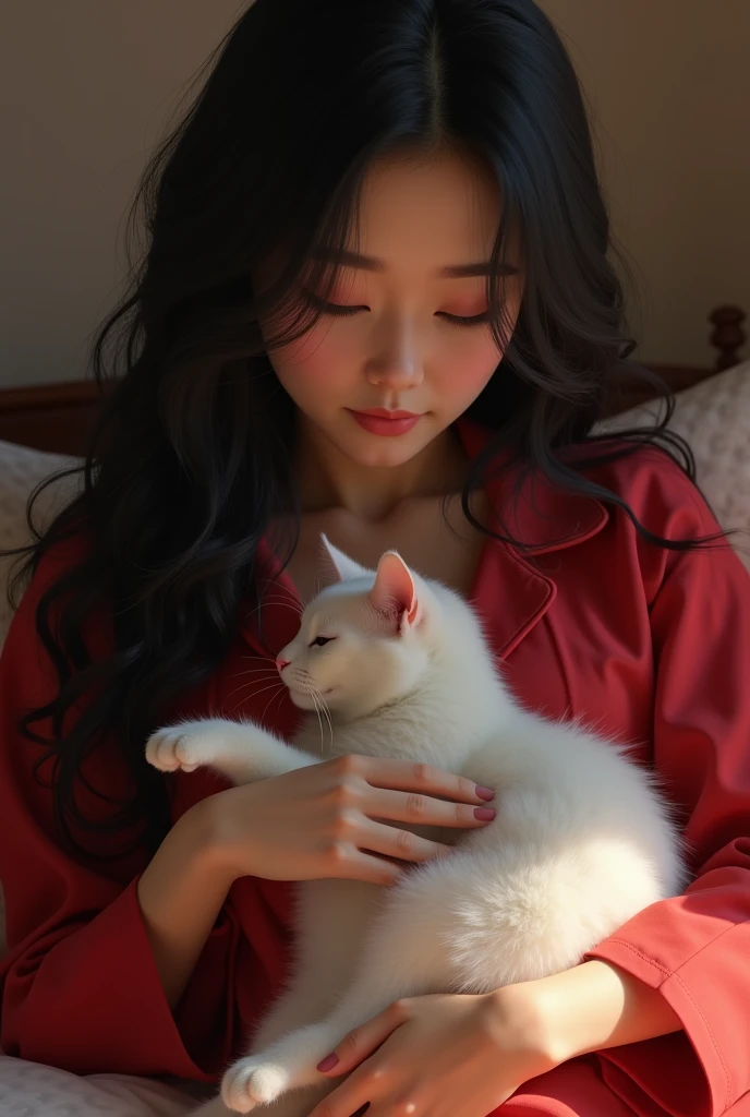 there is a woman sentado en una cama holding a gato, very beautiful cute gatochica, beautiful young gatochica, anna nikonova aka new milkmaid, with small gato on lap, blanco ( gato ) chica, attractive gato chica, posando en la cama, with pale skin, she is holding a gato in her arms, mientras posa en la misma cama, sentado en una cama